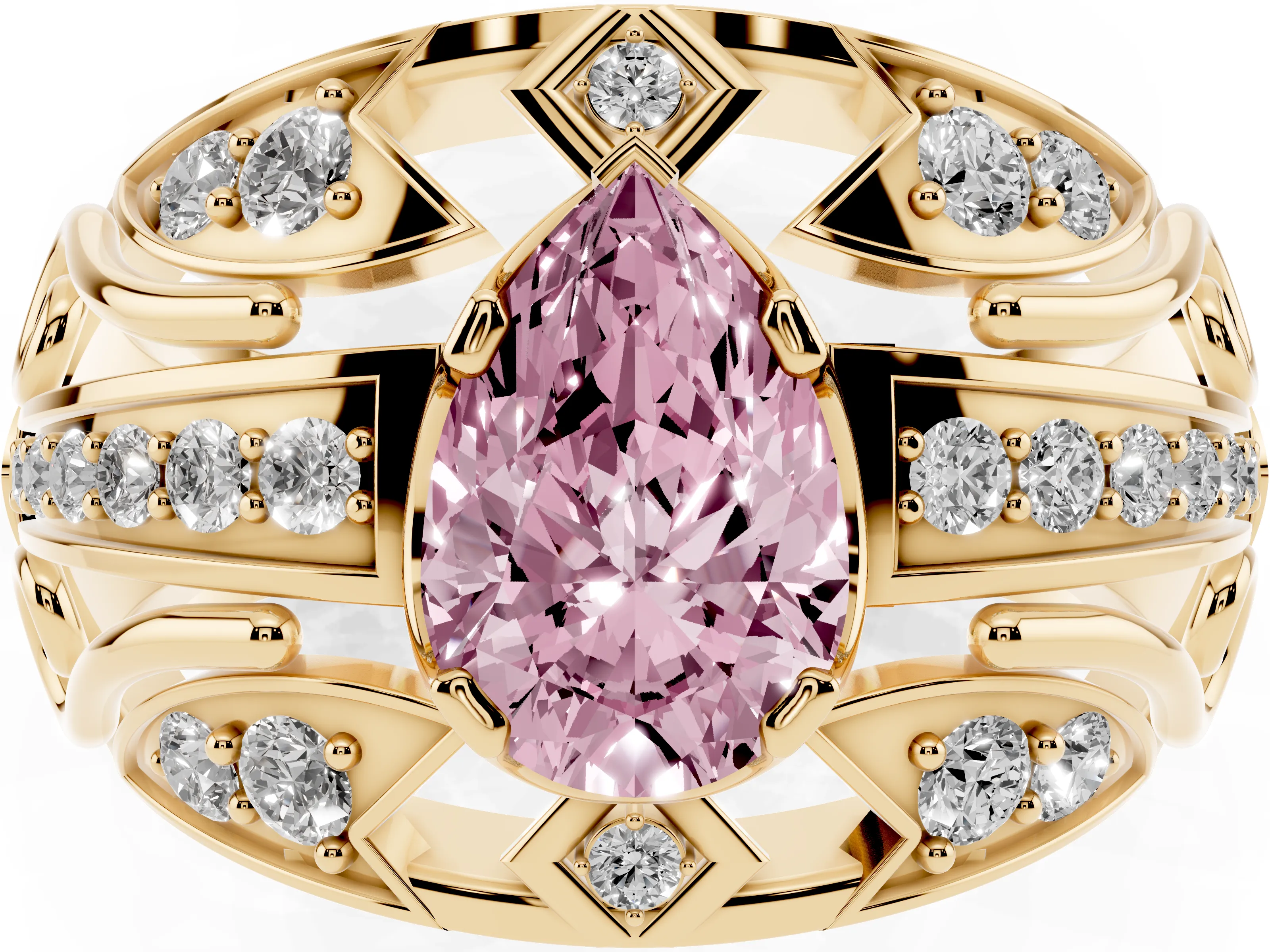 Fancy Pink Pear Cut Diamond Art Deco Ring Set in Yellow gold with Pavé Split Shank
