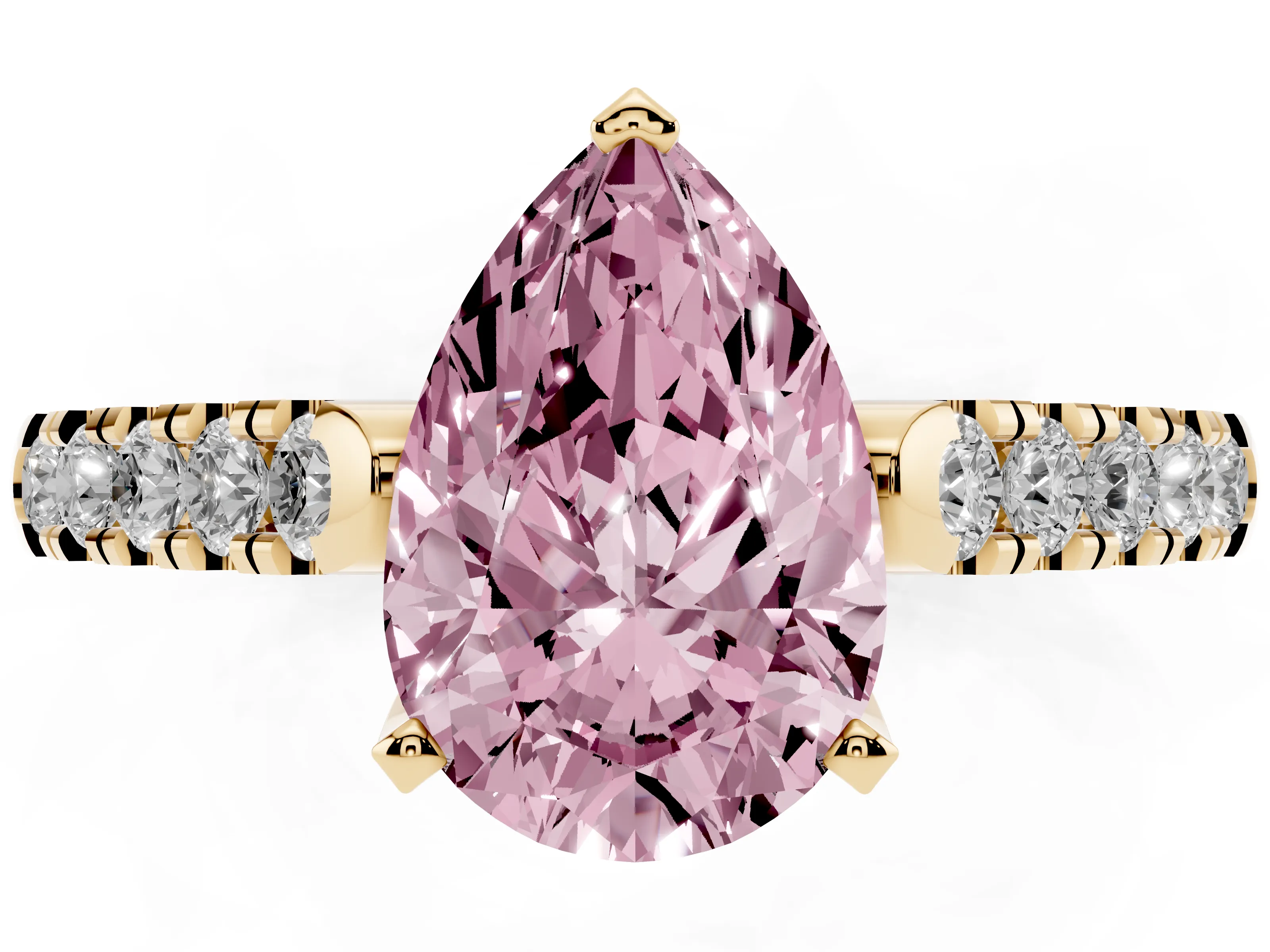 Fancy Pink Pear Cut Diamond Pavé Band Solitaire Ring Set in Yellow gold with Partway Accent Stones and Prong Setting