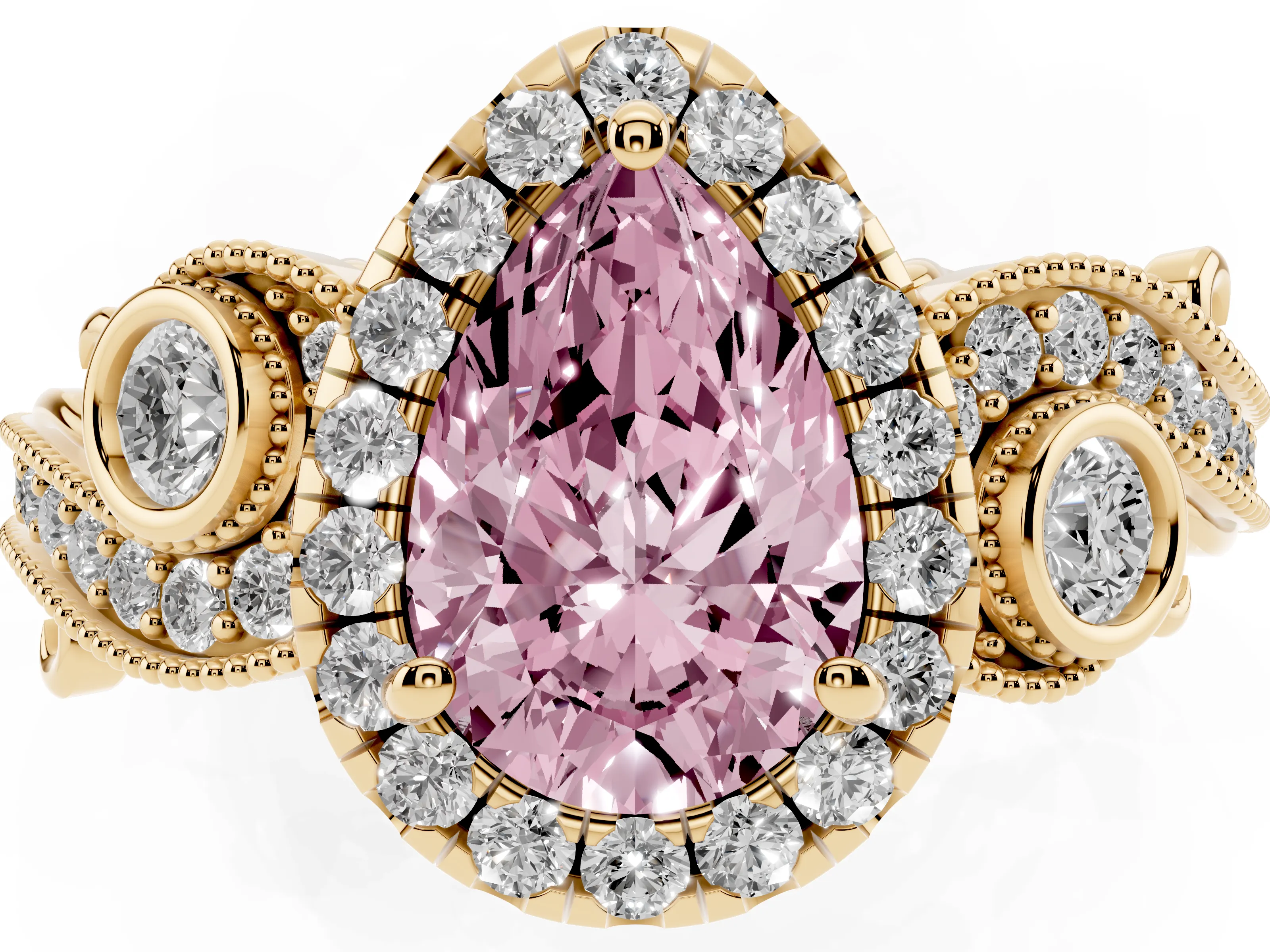 Fancy Pink Pear Cut Diamond Halo Ring Set in Yellow gold with Milgrain Pavé Band and Prong Setting