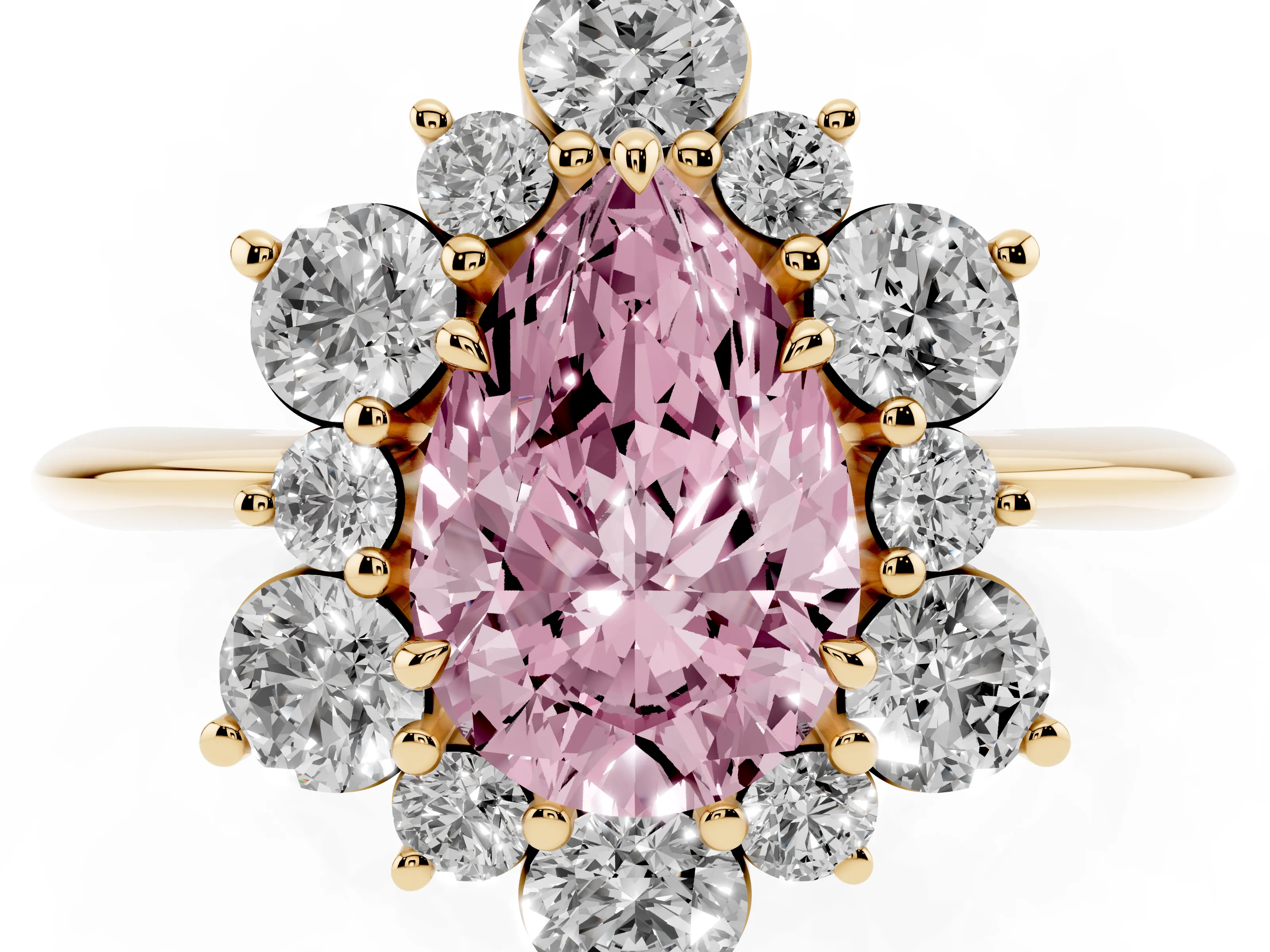 Fancy Pink Pear Cut Diamond Cluster Halo Ring Set in Yellow gold with Solitaire Band and Prong Setting