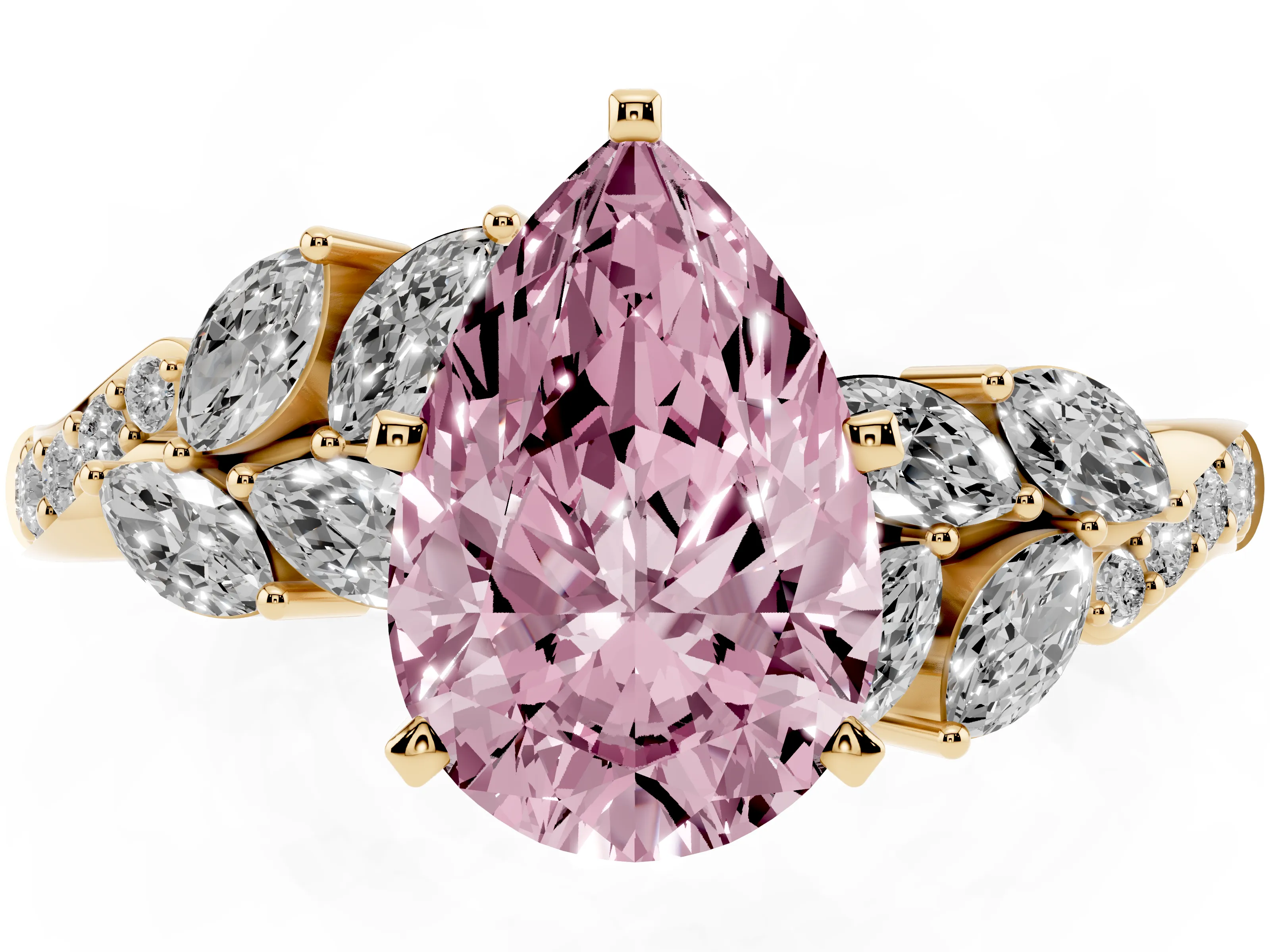 Fancy Pink Pear Cut Diamond Solitaire Ring Set in Yellow gold with Marquise Twist Band and Prong Setting