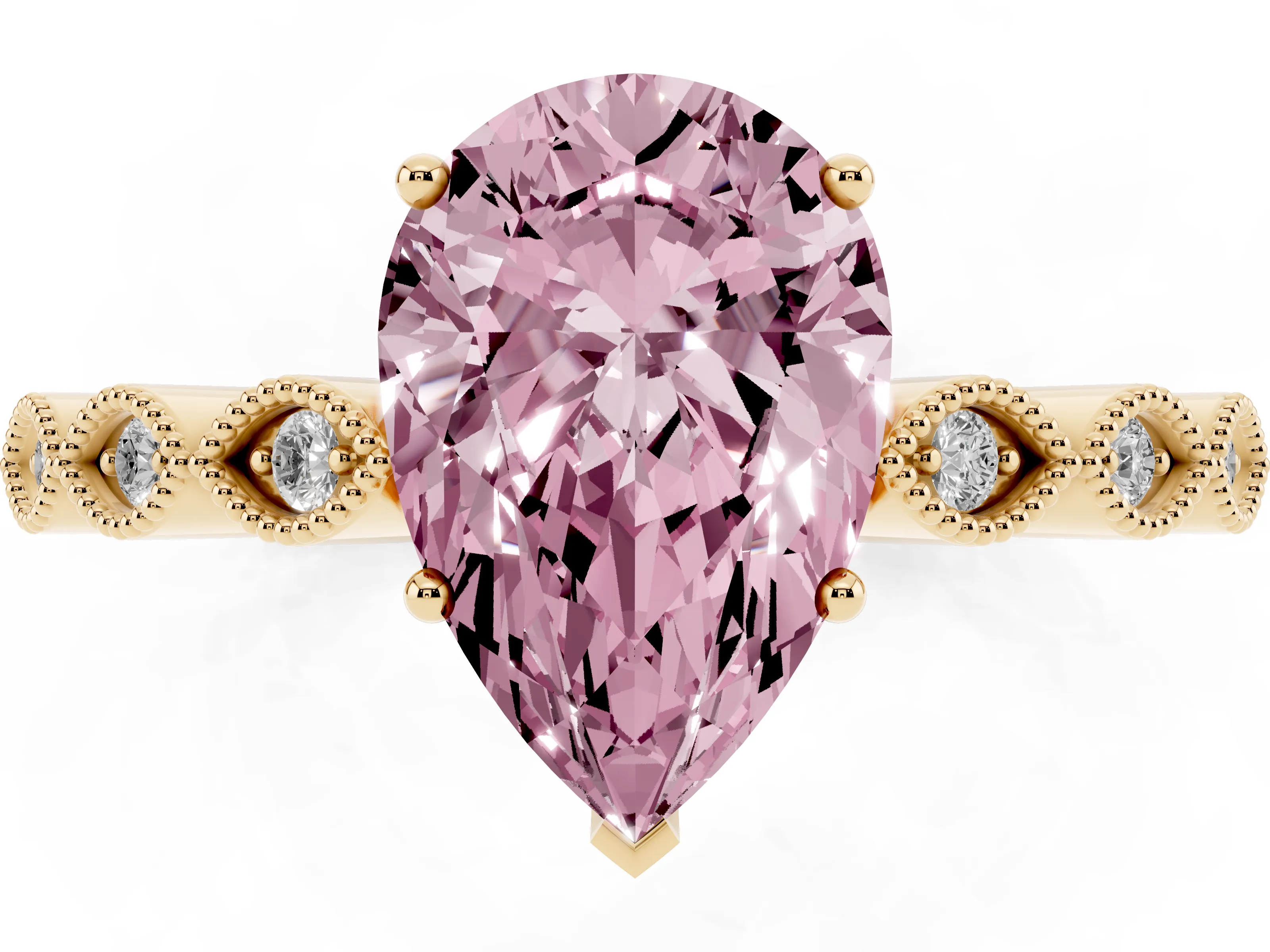 Fancy Pink Pear Cut Diamond Solitaire Ring Set in Yellow gold with Infinity Twist Pavé Band