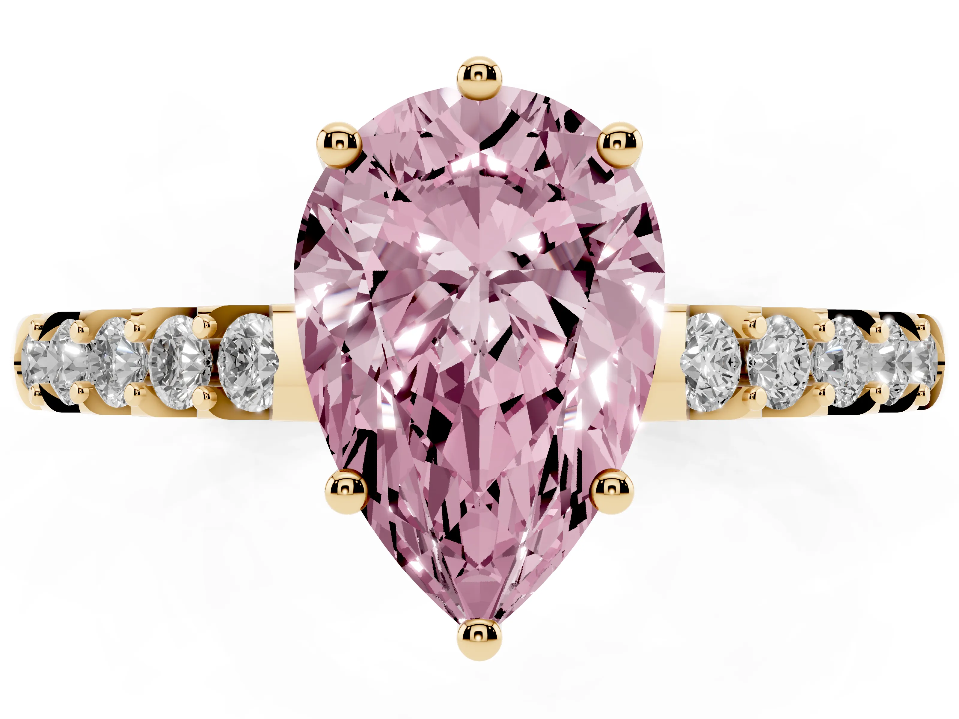 Fancy Pink Pear Cut Diamond Solitaire Engagement Ring Set in Yellow gold with Pavé Band and Prong Setting