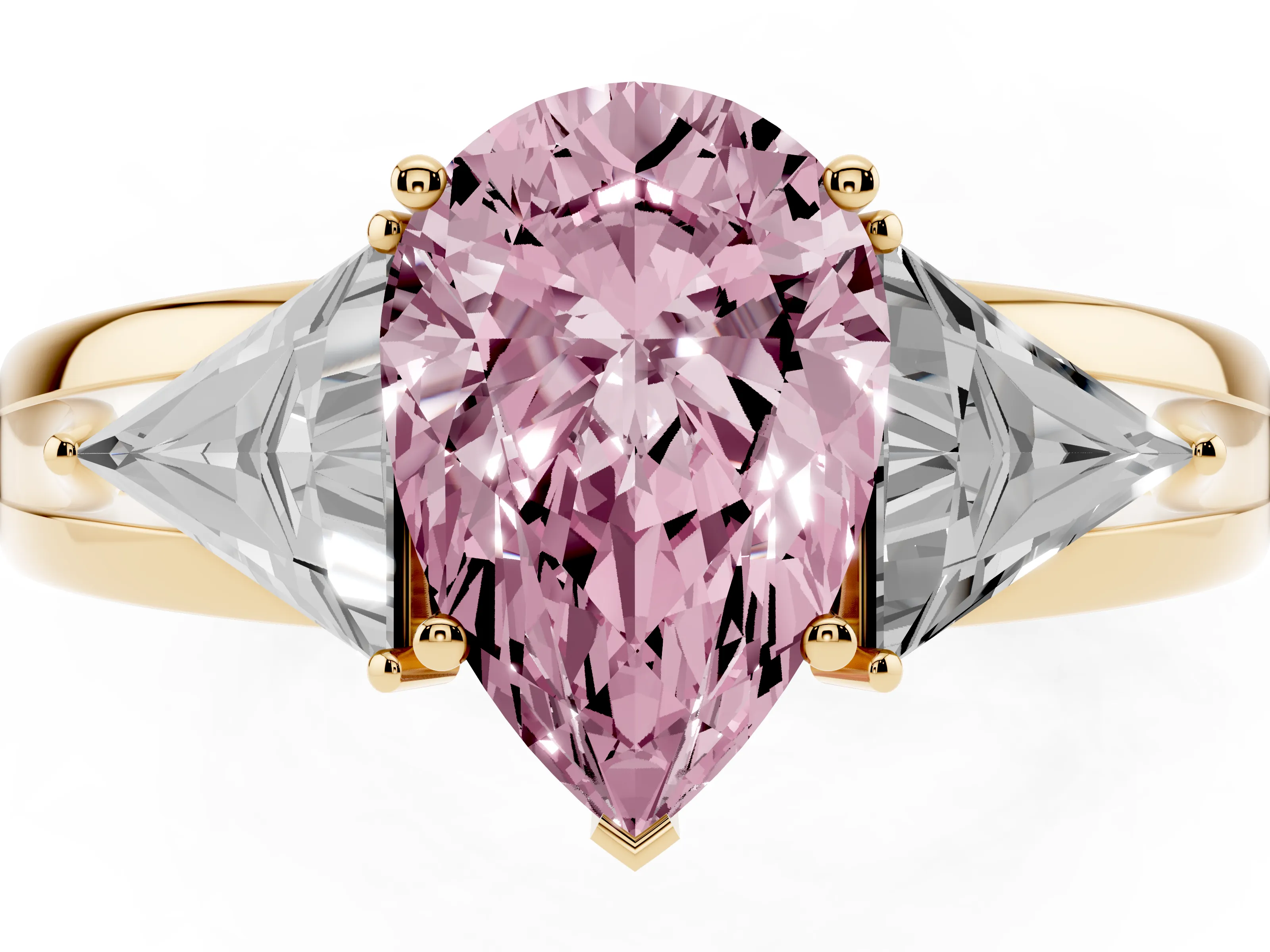 Fancy Pink Pear Cut Diamond Three-Stone Ring Set in Yellow gold with Trillion Side Stones and Split Shank