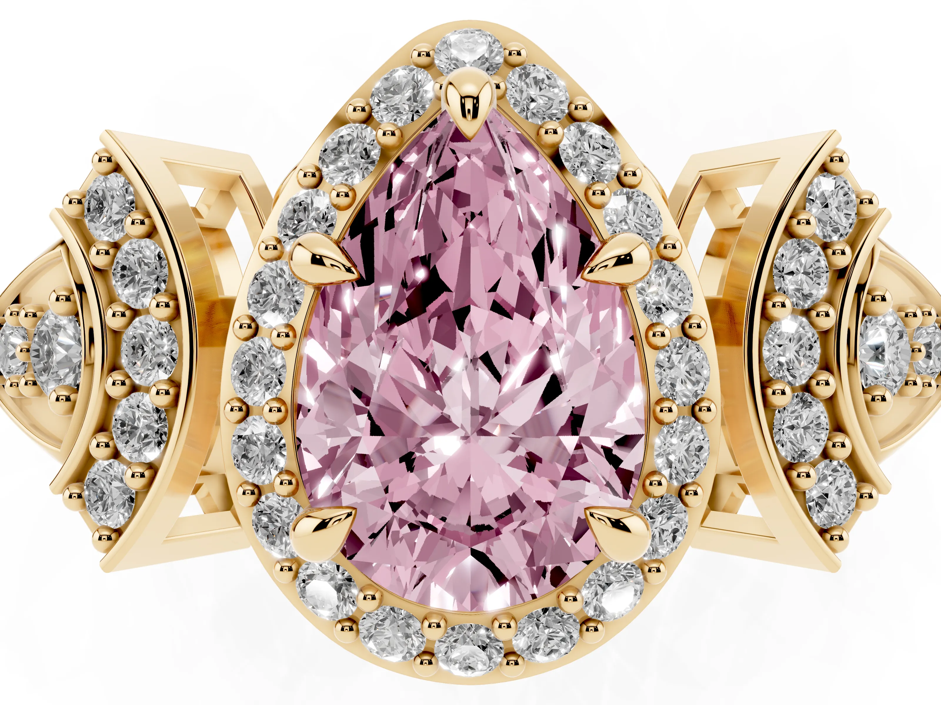 Fancy Pink Pear Cut Diamond Halo Engagement Ring Set in Yellow gold with Accent Stone Split Shank