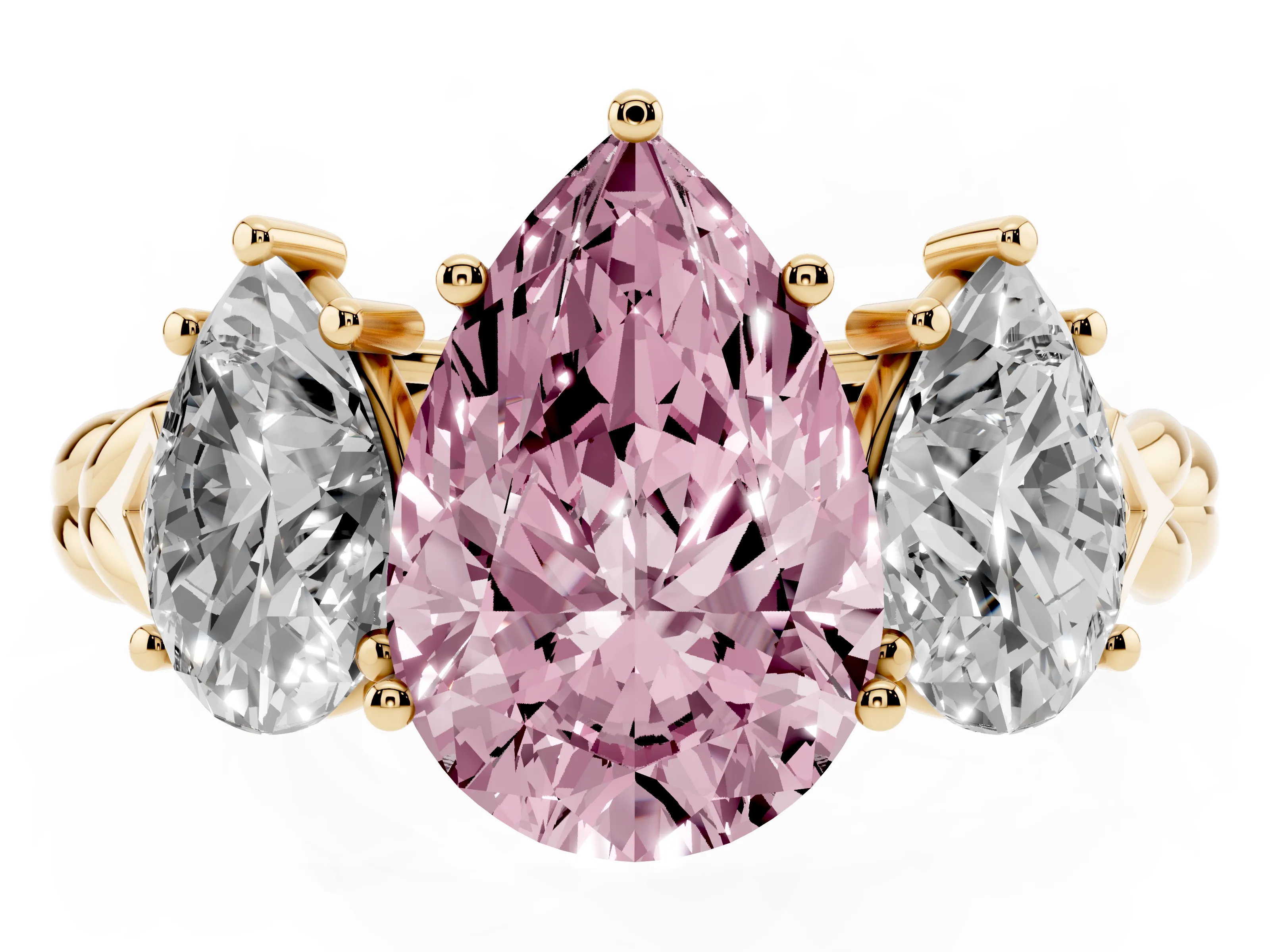 Fancy Pink Pear Cut Diamond Three-Stone Ring Set in Yellow gold with Braided Band
