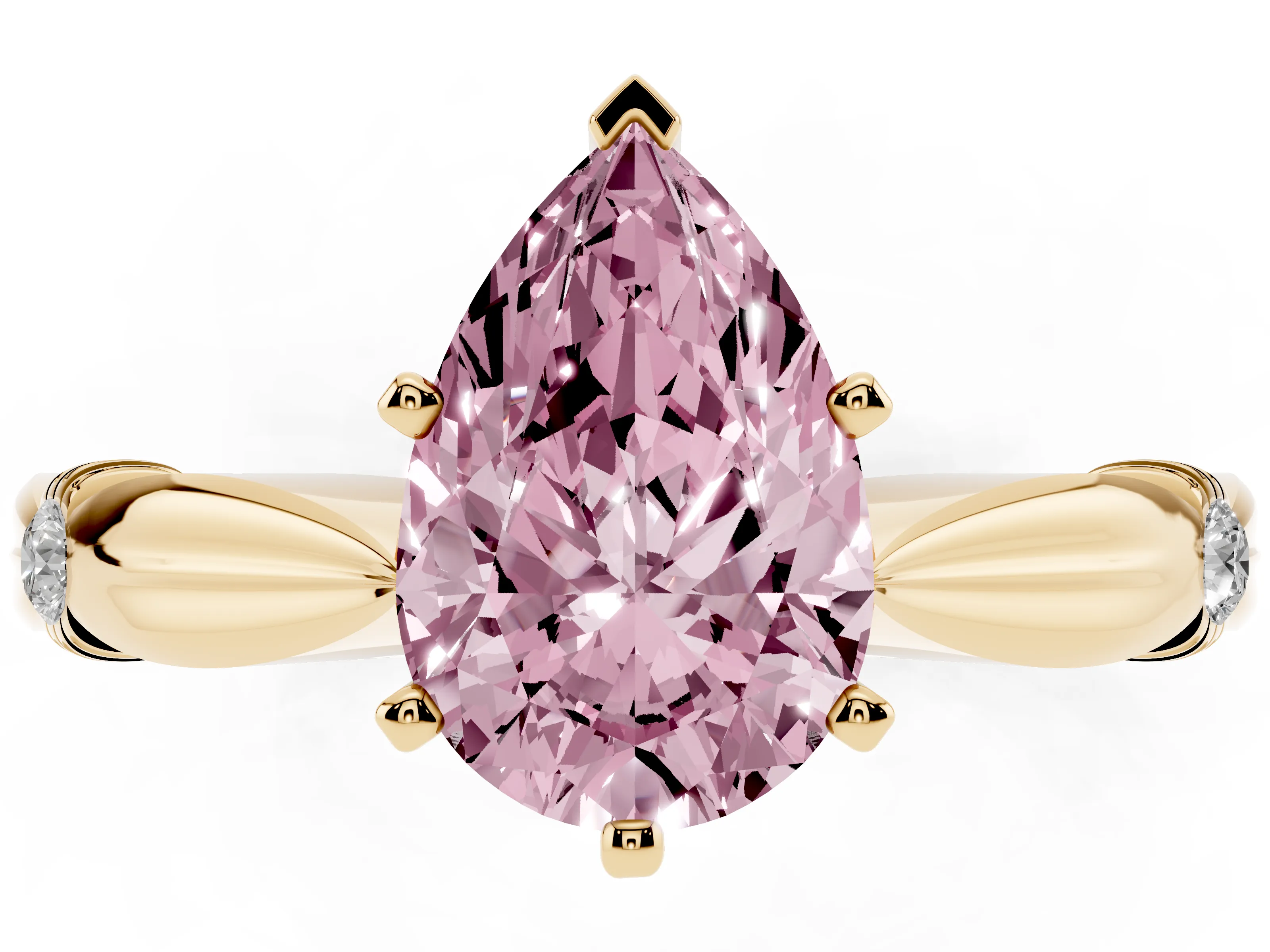 Fancy Pink Pear Cut Diamond Solitaire Twisted Band Ring Set in Yellow gold with Accent Stones and Prong Setting