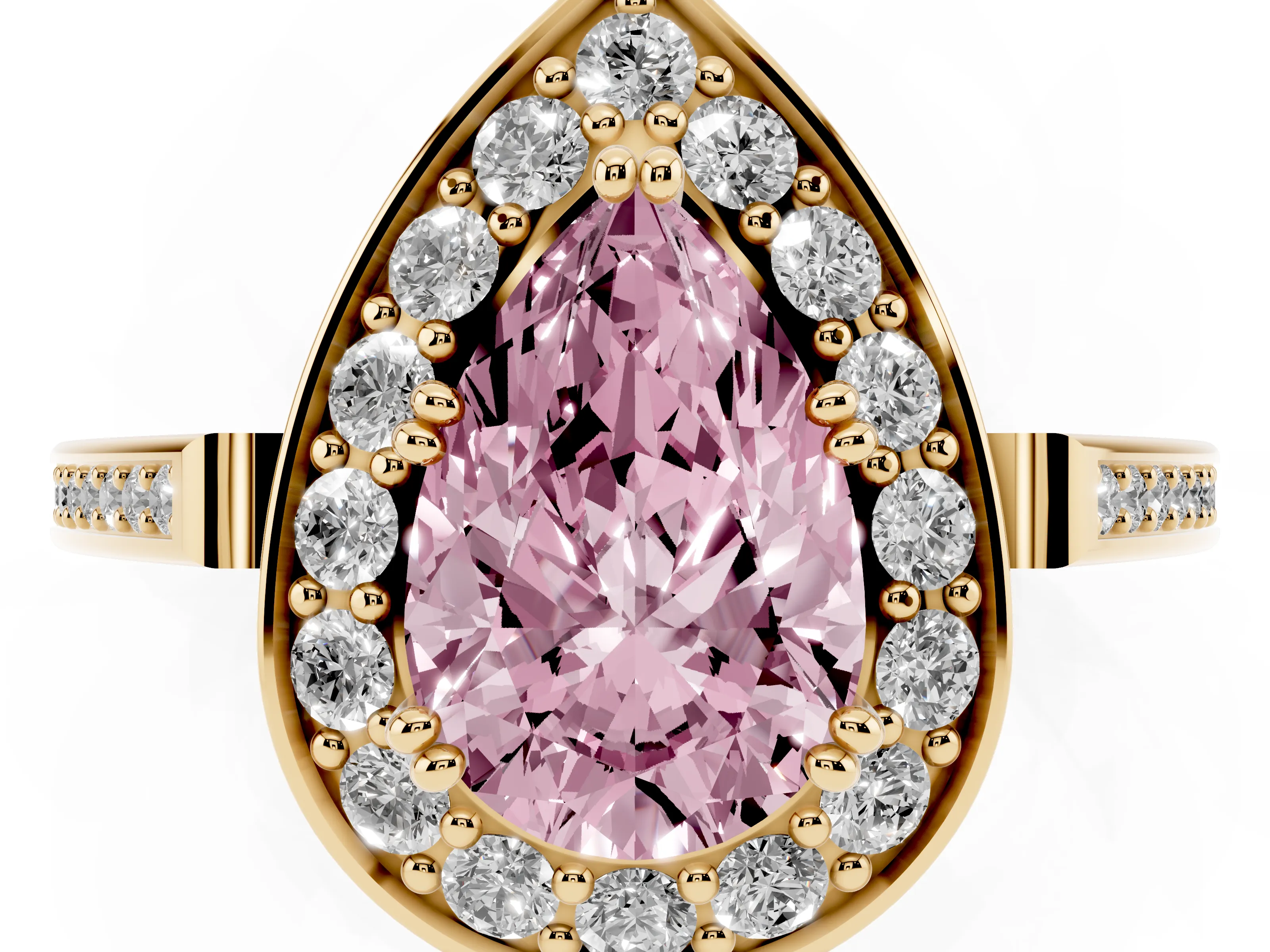 Fancy Pink Pear Cut Diamond Halo Ring Set in Yellow gold with Accent-Lined Split Shank and Prong Setting