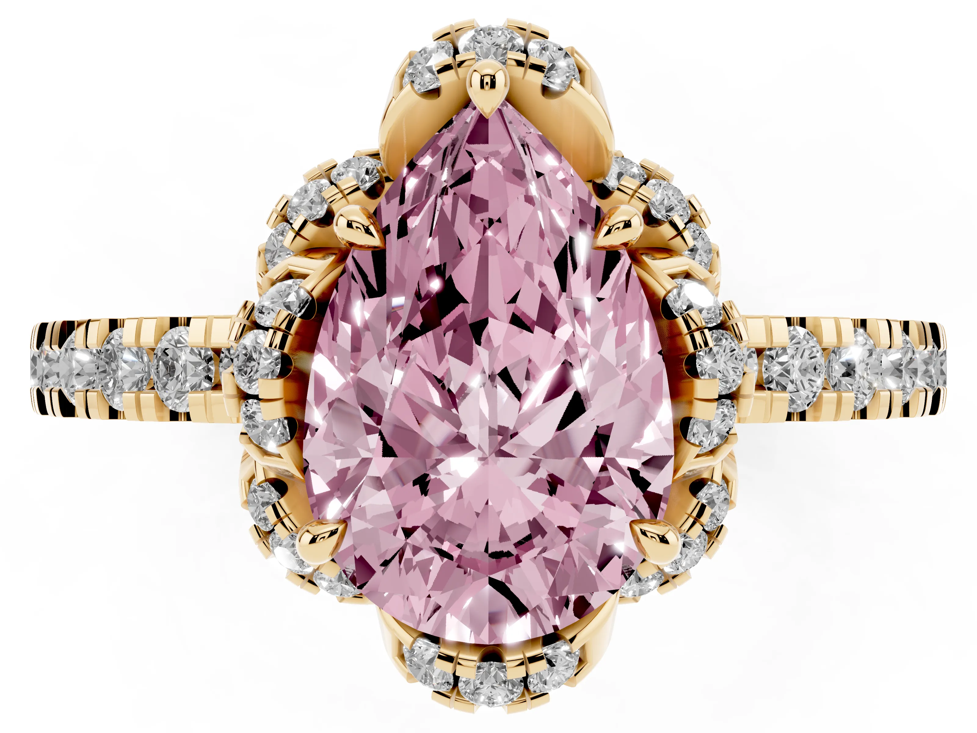 Fancy Pink Pear Cut Diamond Halo Pavé Band Ring Set in Yellow gold with Prong-Held Center