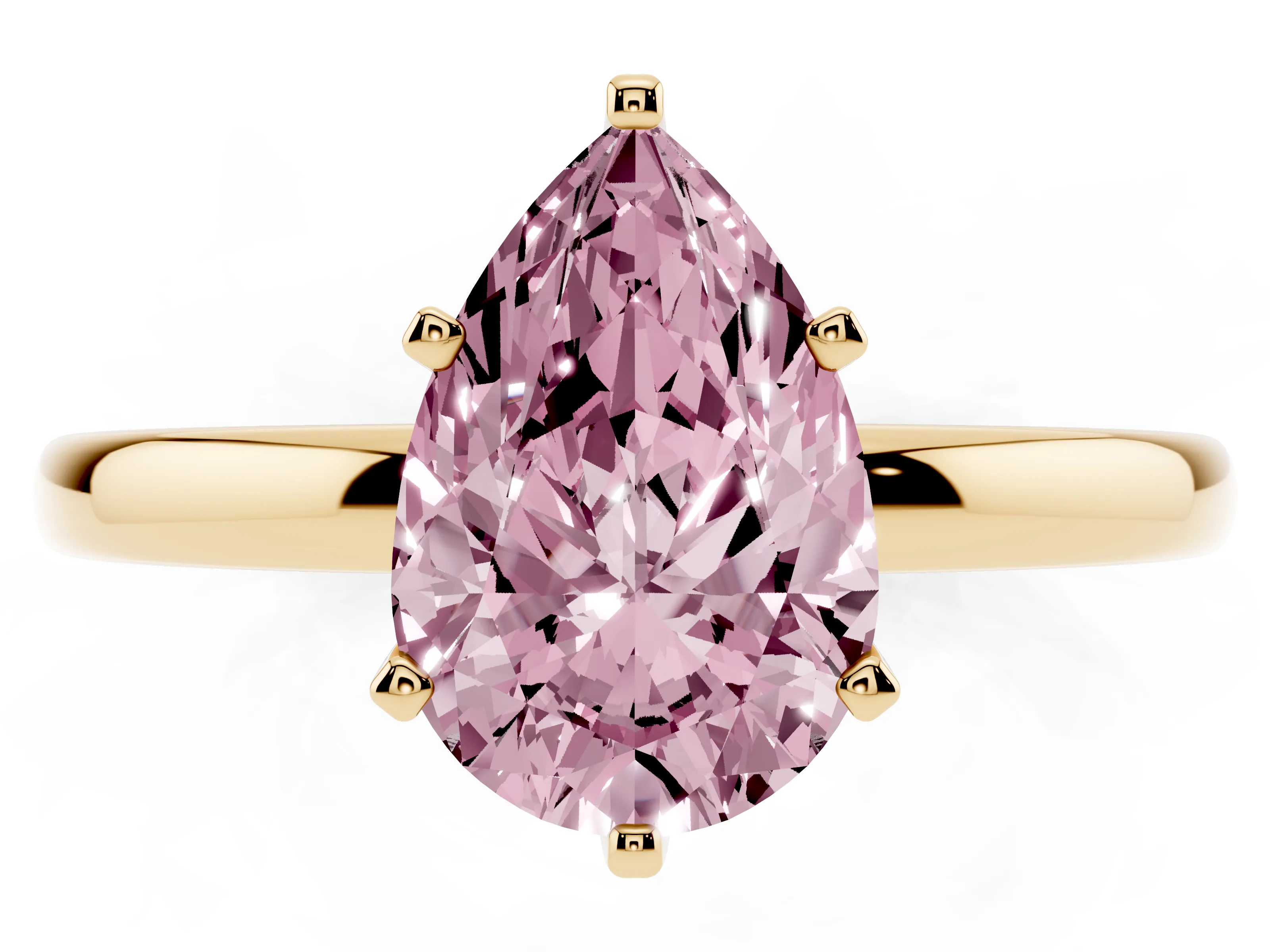 Fancy Pink Pear Cut Diamond Solitaire Ring Set in Yellow gold with Raised Prong Setting on a Classic Band