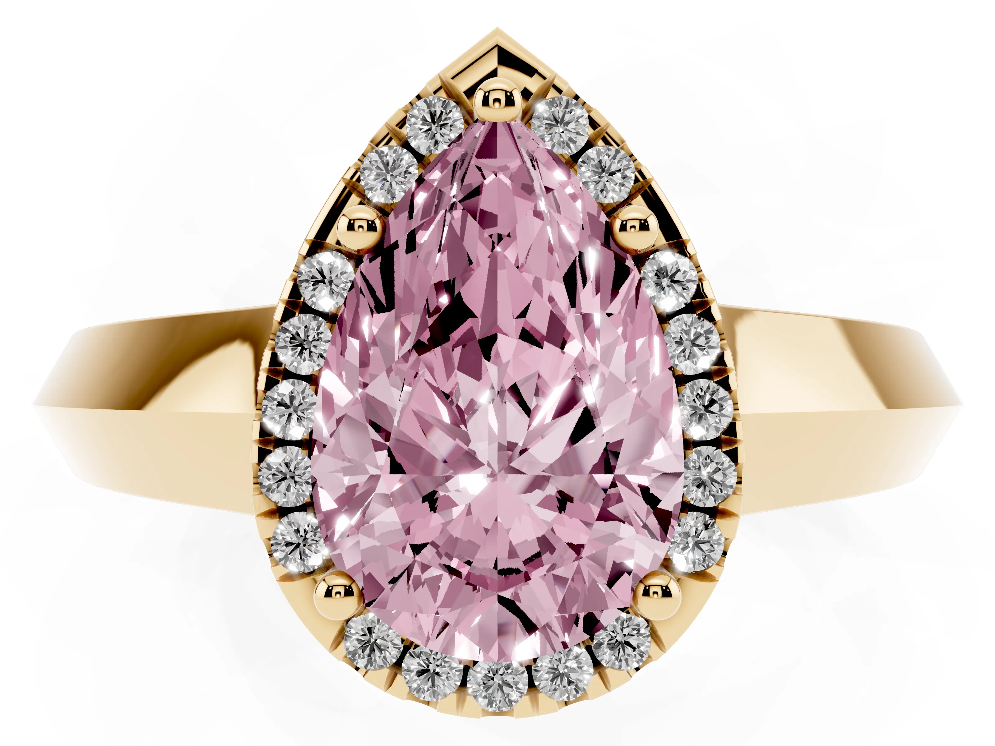Fancy Pink Pear Cut Diamond Halo Ring Set in Yellow gold with Cathedral Band and Prong Setting