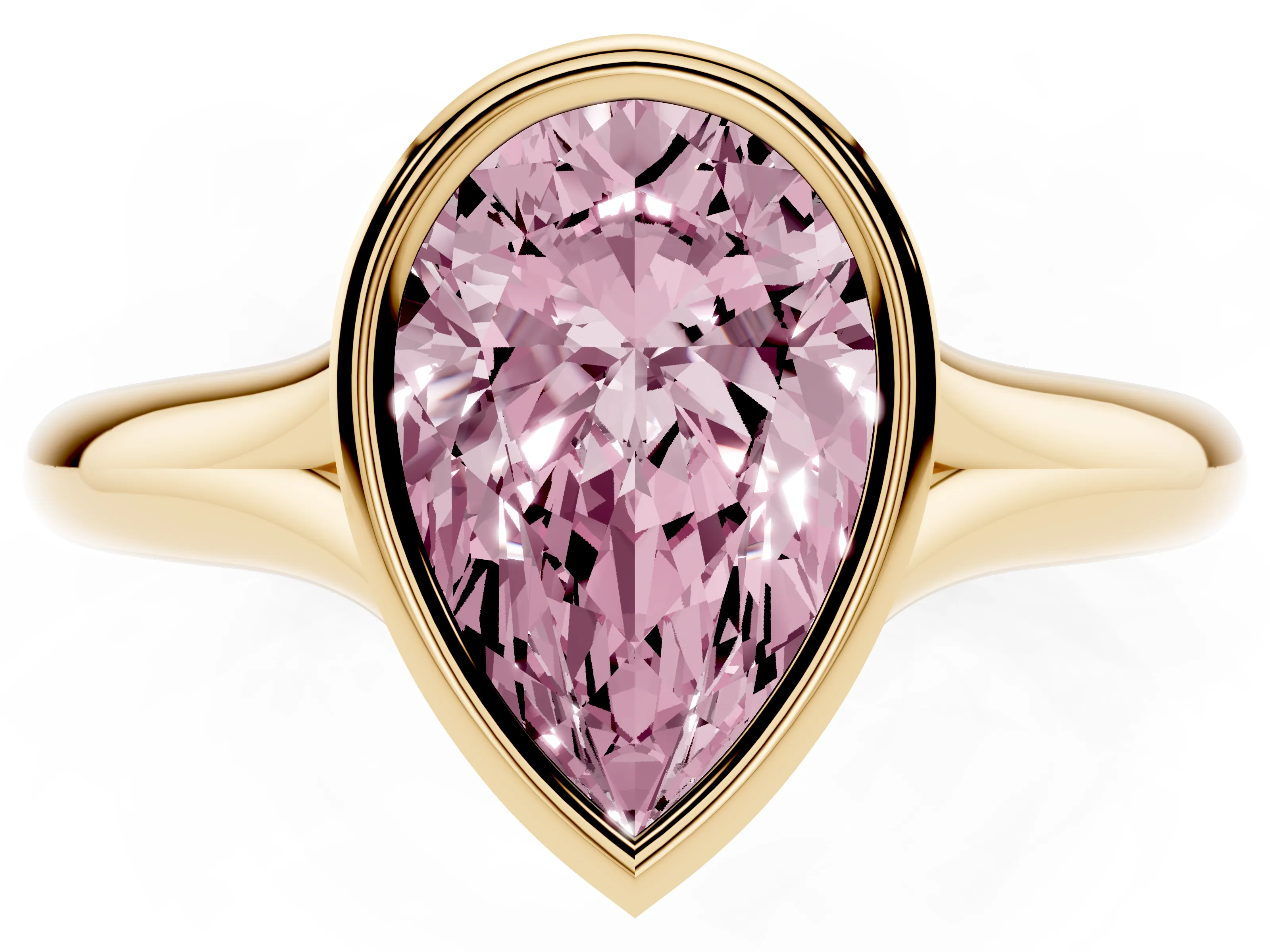 Fancy Pink Bezel Set Pear Cut Diamond Solitaire Ring Set in Yellow gold with Smooth Band