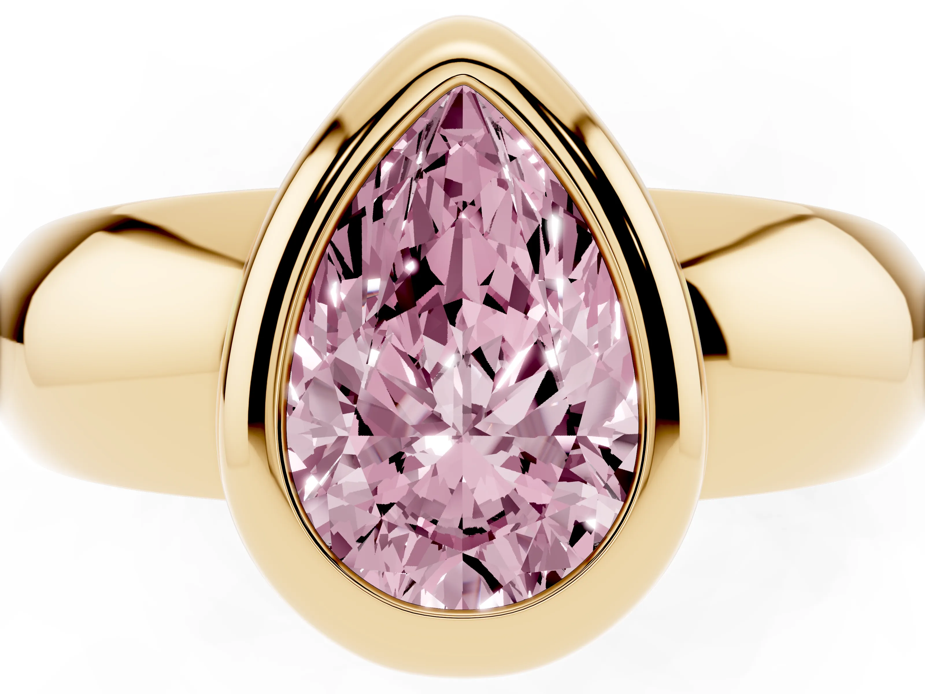 Fancy Pink Bezel Set Pear Cut Diamond Solitaire Ring Set in Yellow gold with Wide Band
