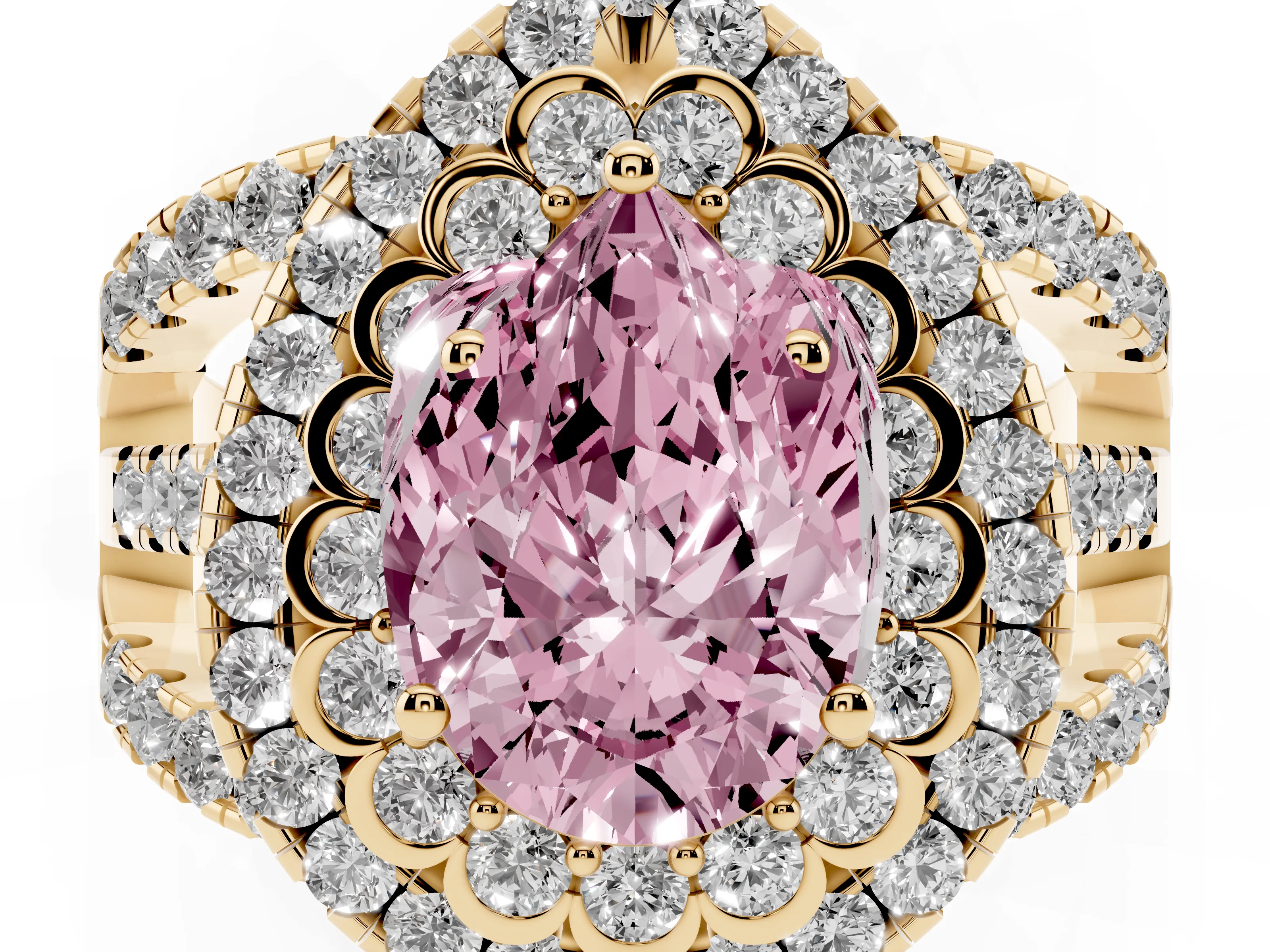 Fancy Pink Pear Cut Diamond Double Halo Ring Set in Yellow gold with Round Pavé Split Shank