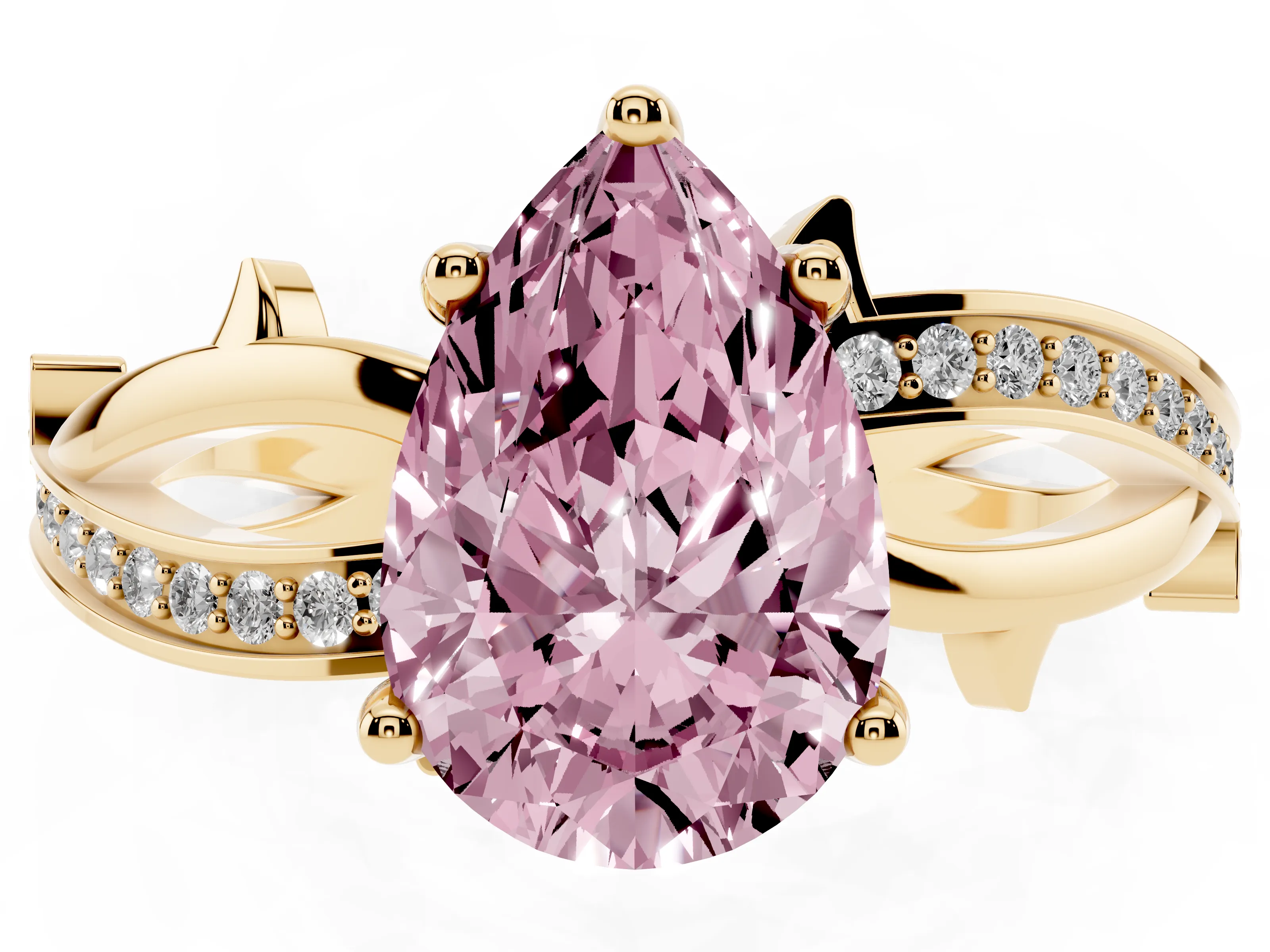 Fancy Pink Pear Cut Diamond Pavé Twist Band Solitaire Ring Set in Yellow gold with Prong Setting