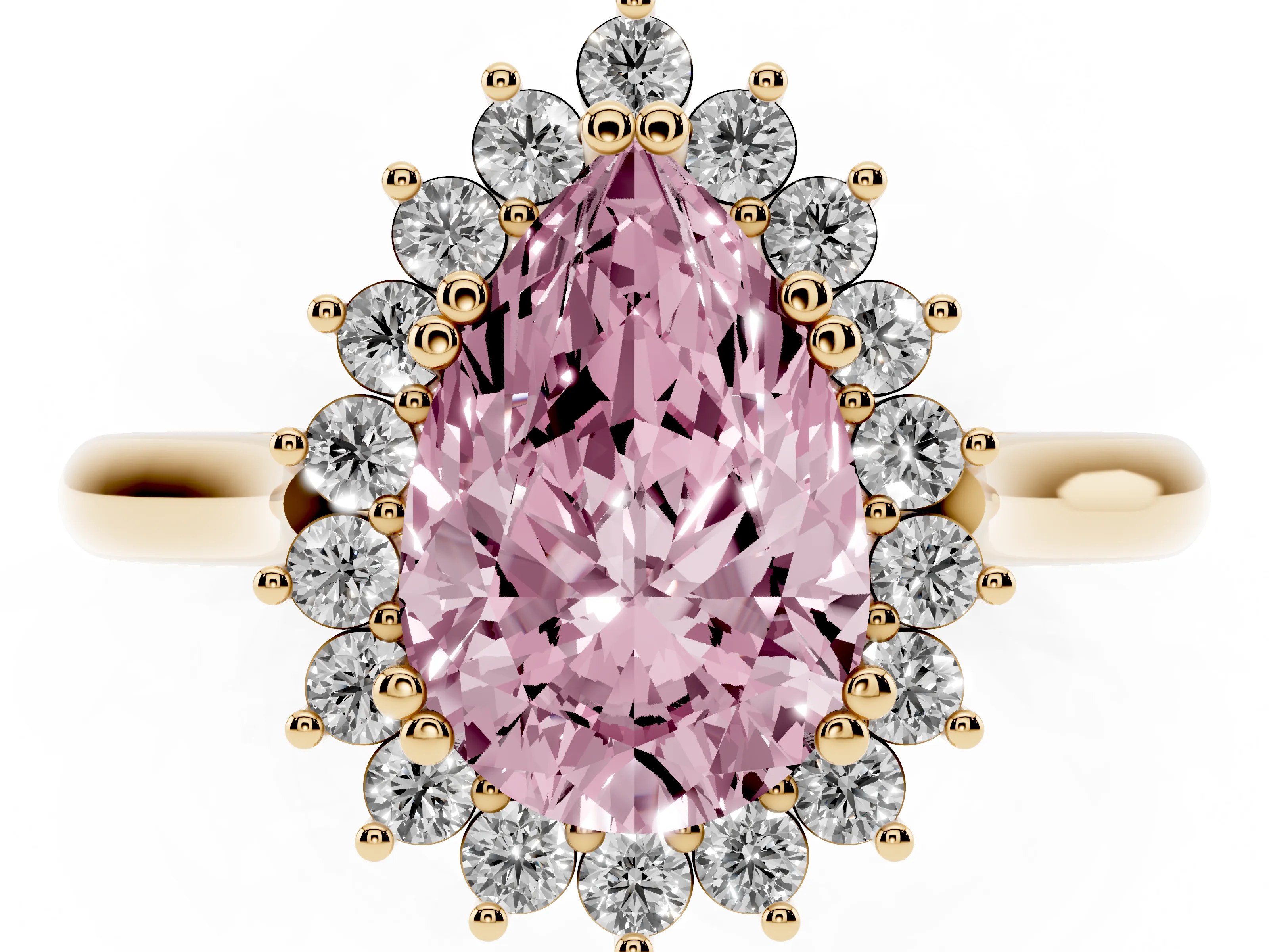 Fancy Pink Pear Cut Diamond Halo Ring Set in Yellow gold with Plain Solitaire Band and Prong Setting