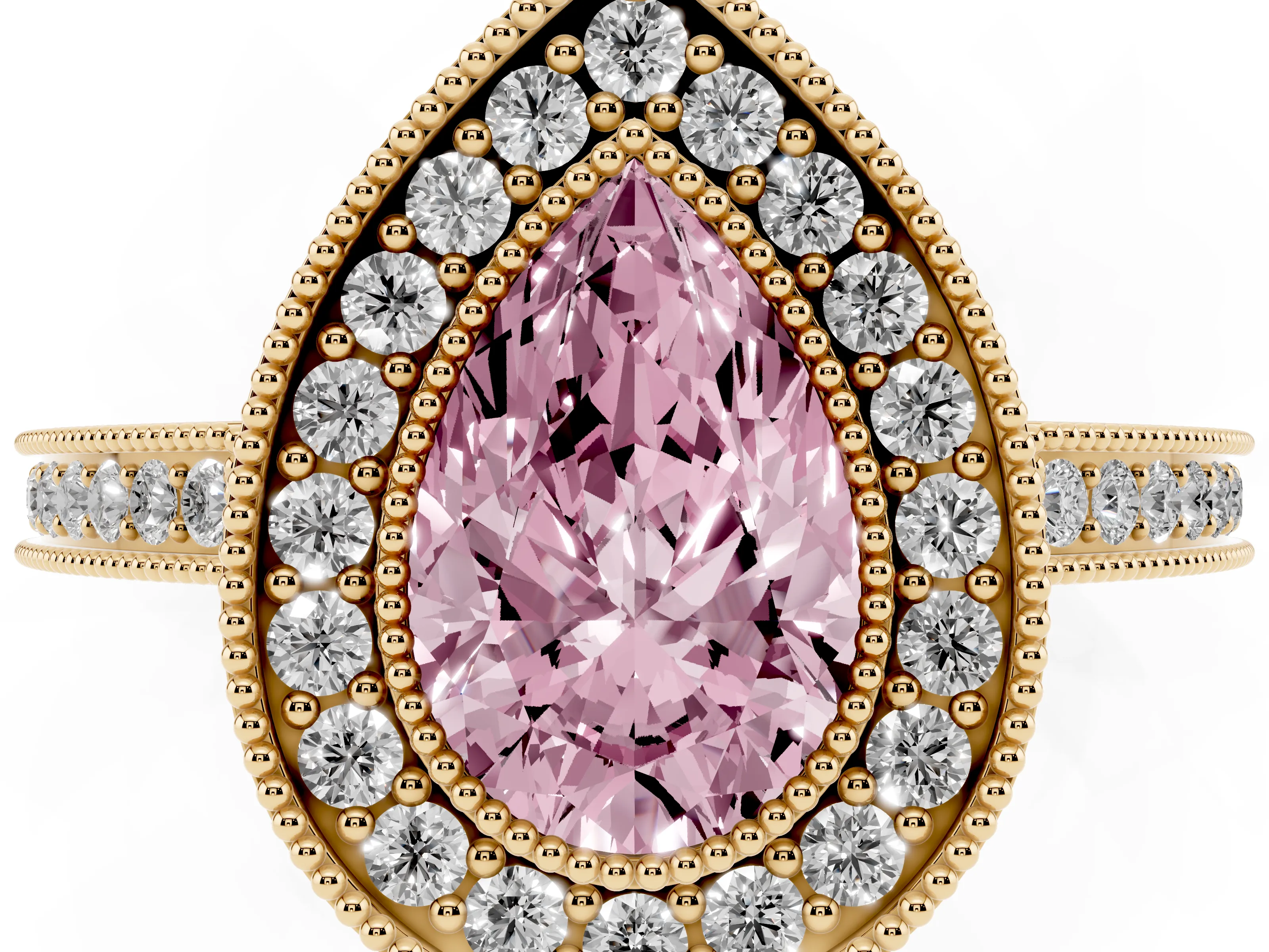 Fancy Pink Pear Cut Diamond Halo Ring Set in Yellow gold with Pavé Band and Milgrain-Edged Prongs