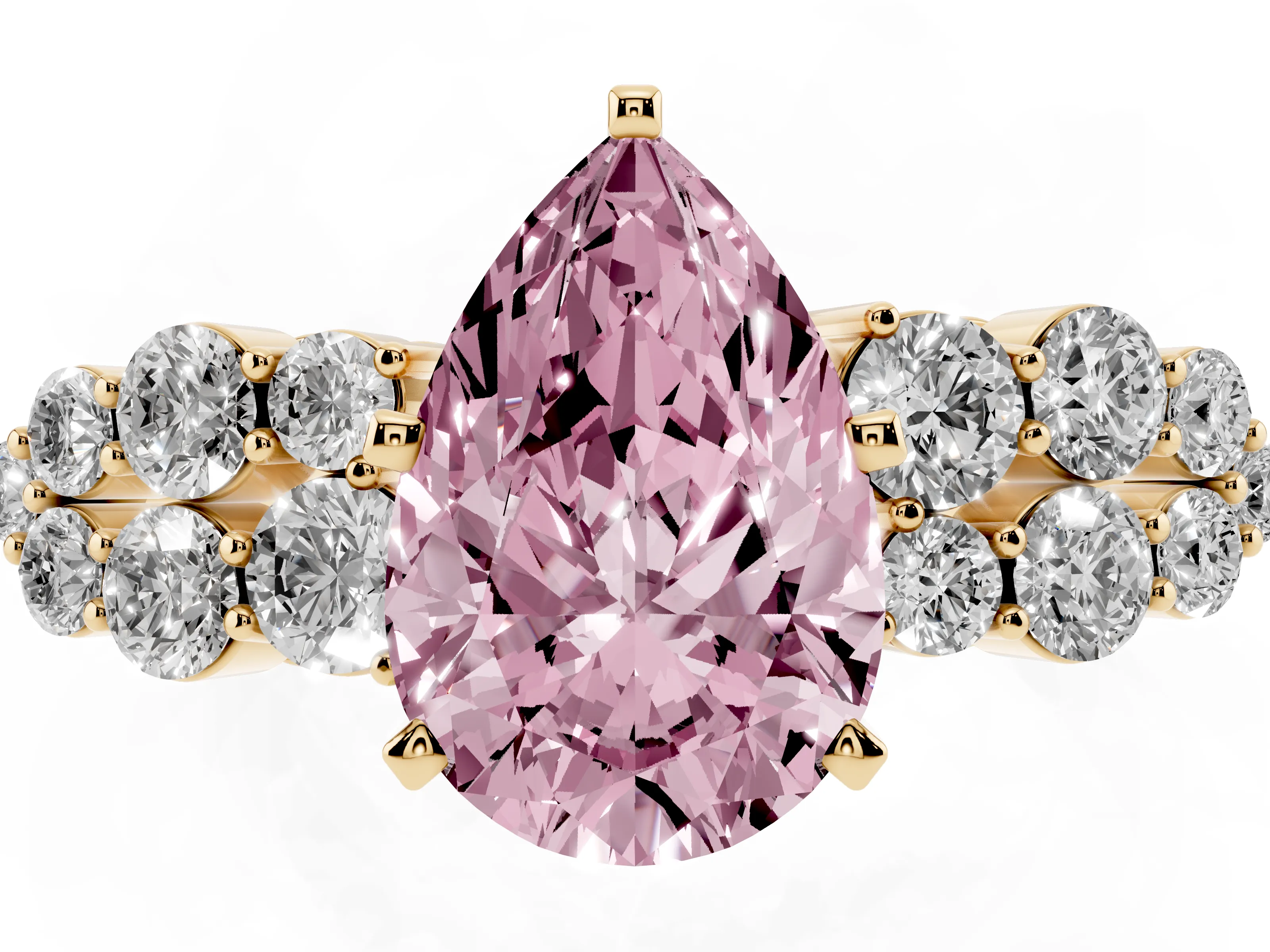 Fancy Pink Pear Cut Diamond Cluster Engagement Ring Set in Yellow gold with Pavé Band and Prong Setting