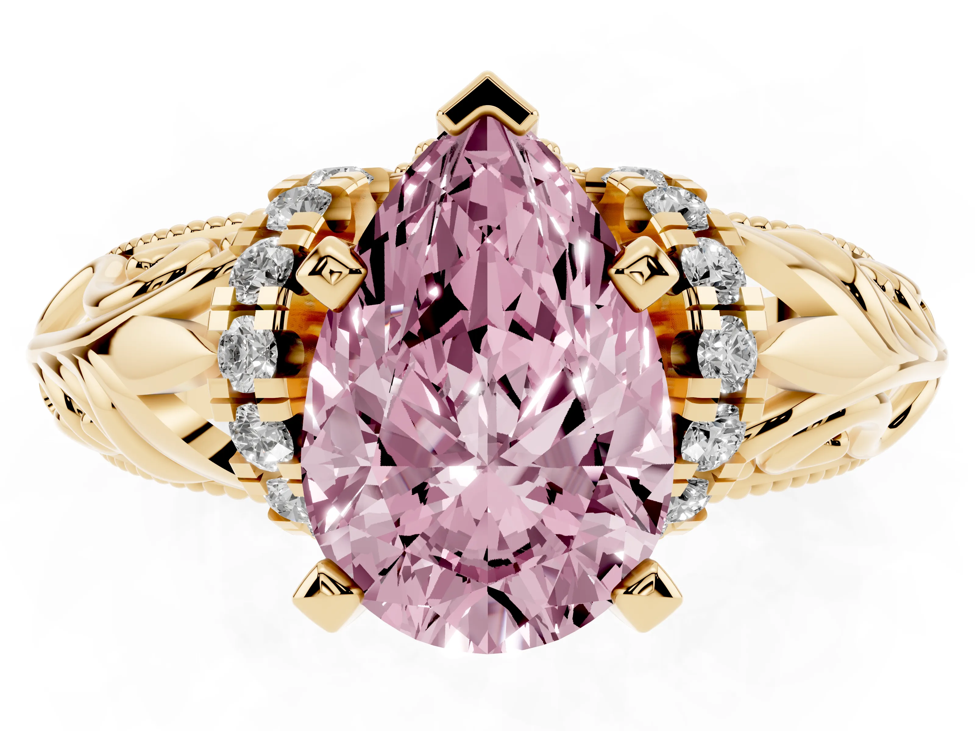 Fancy Pink Pear Cut Diamond Filigree Halo Engagement Ring Set in Yellow gold with Prong Setting