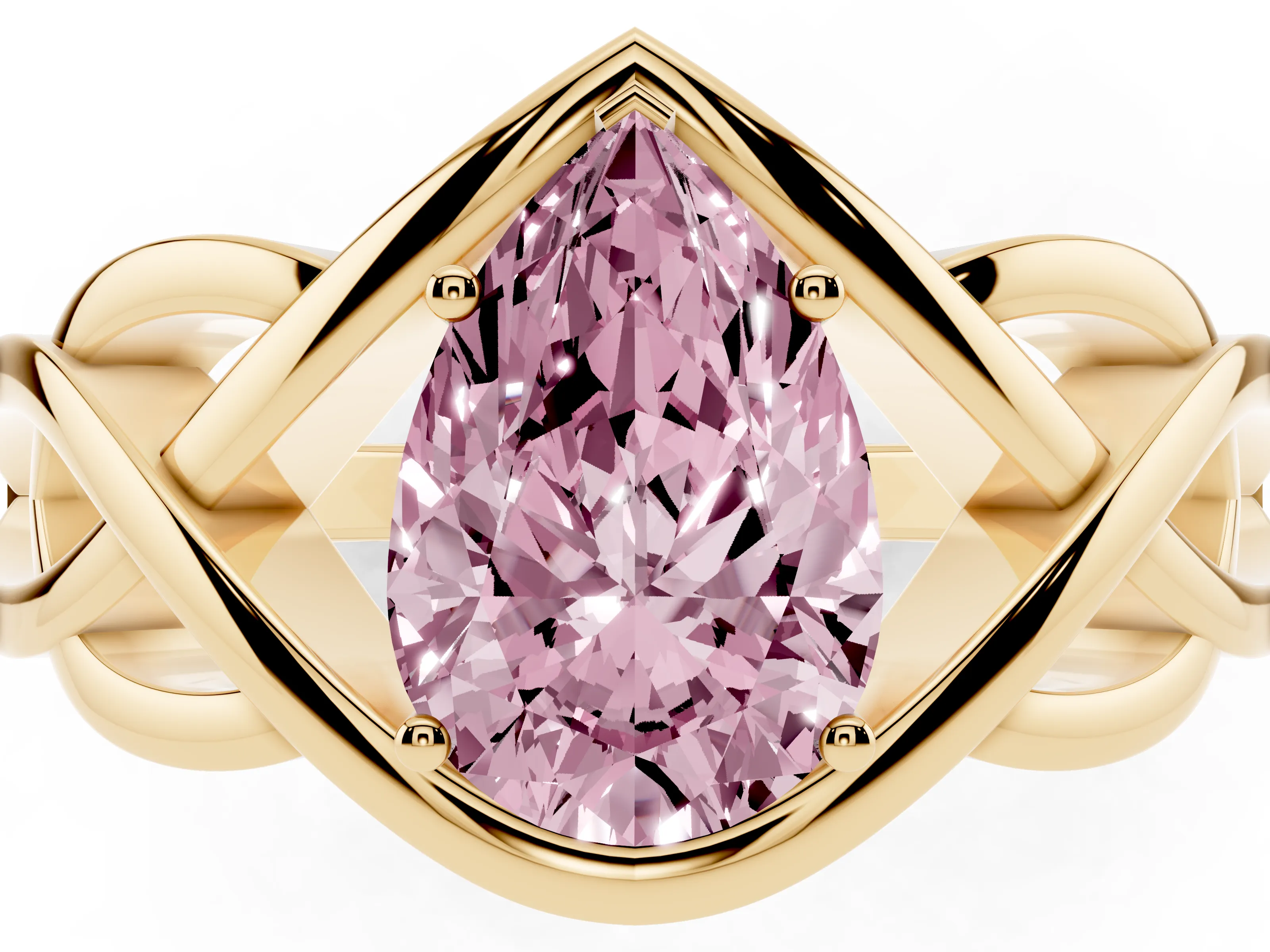 Fancy Pink Pear Cut Diamond Solitaire Ring Set in Yellow gold with Intertwined Band