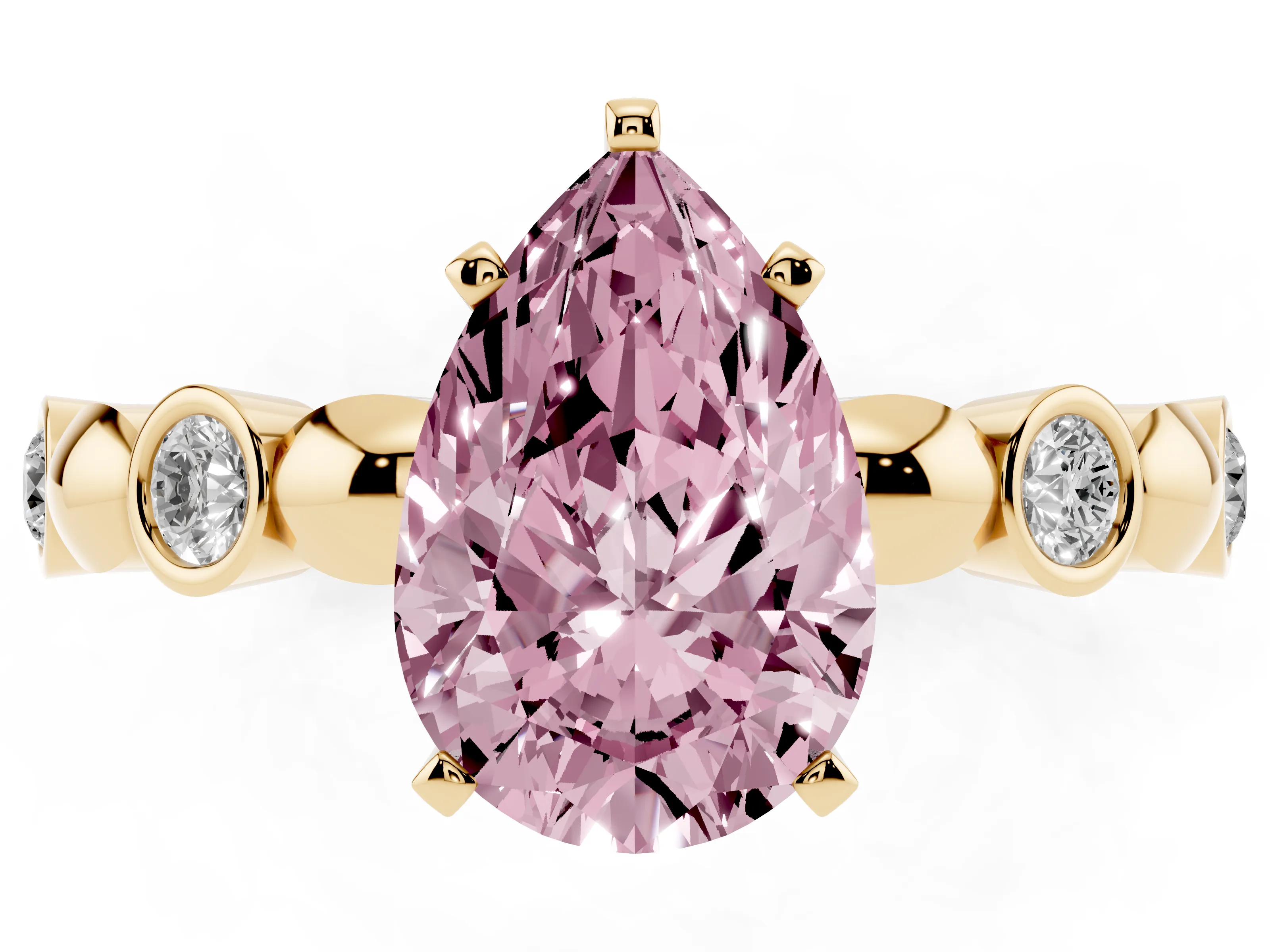 Fancy Pink Pear Cut Diamond Solitaire Ring Set in Yellow gold with Bezel-Set Accents on Beaded Band and Prong Setting