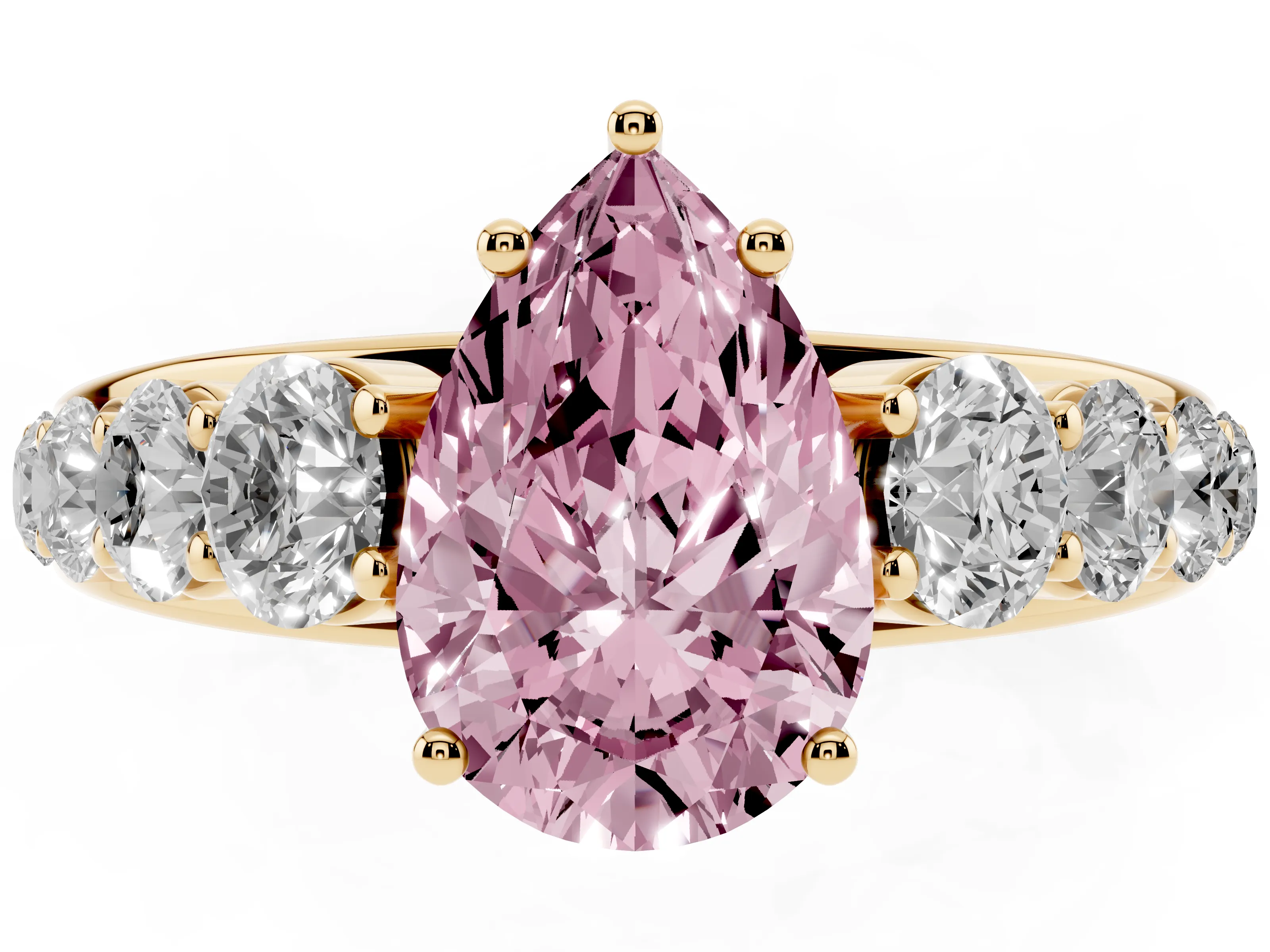 Fancy Pink Pear Cut Diamond Solitaire Ring Set in Yellow gold with Pavé-Set Band and Prong Setting