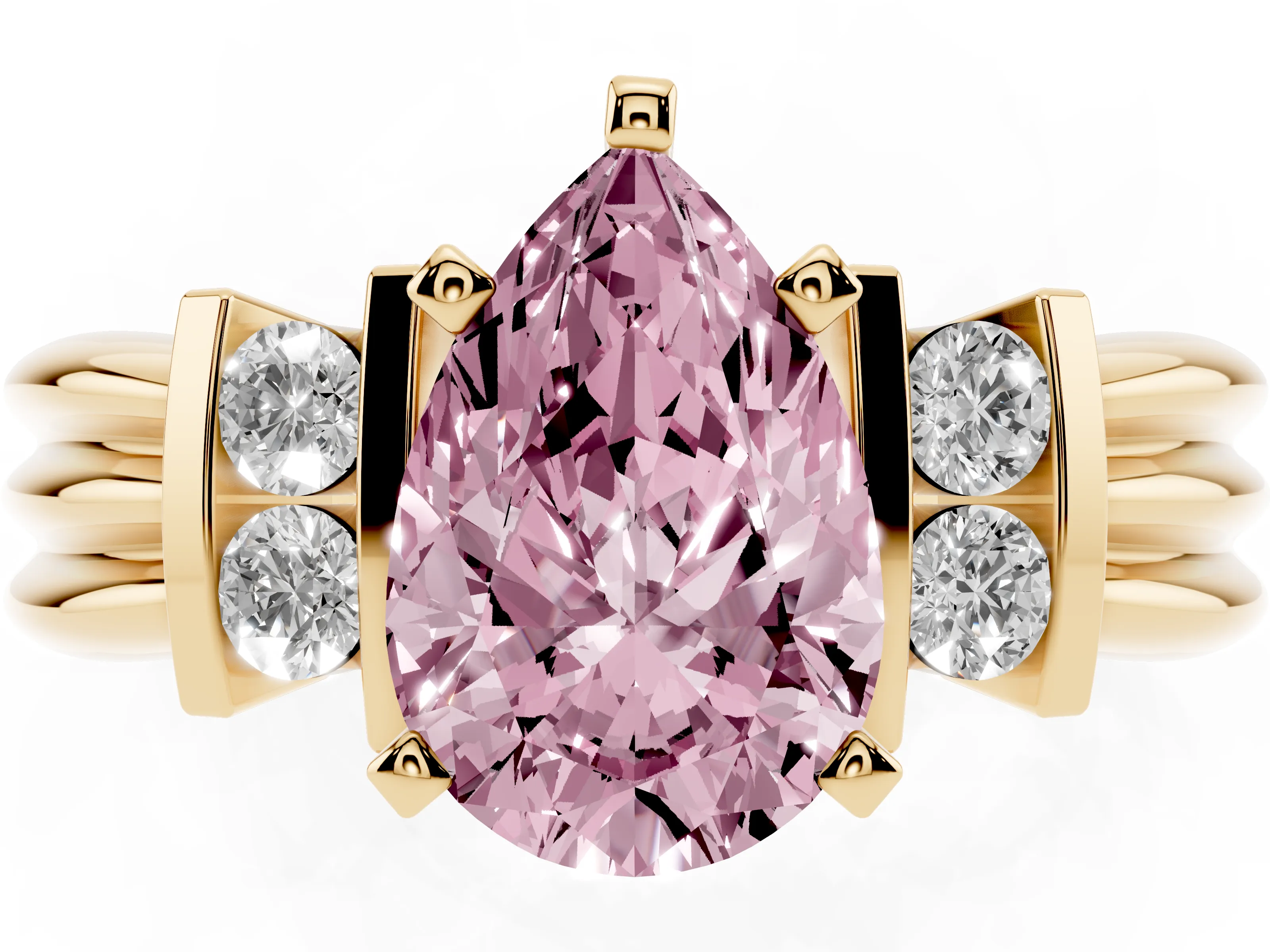 Fancy Pink Three-Stone Pear Cut Diamond Channel Set Ring Set in Yellow gold with Bar Prongs
