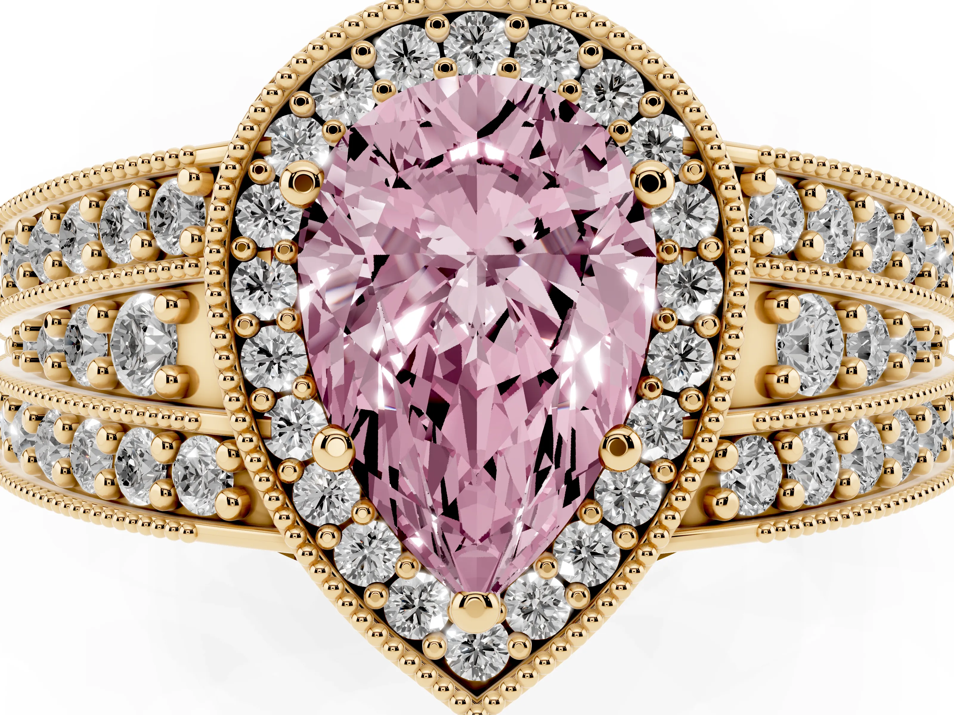Fancy Pink Pear Cut Diamond Halo Ring Set in Yellow gold with Accent Split Shank and Prong Setting