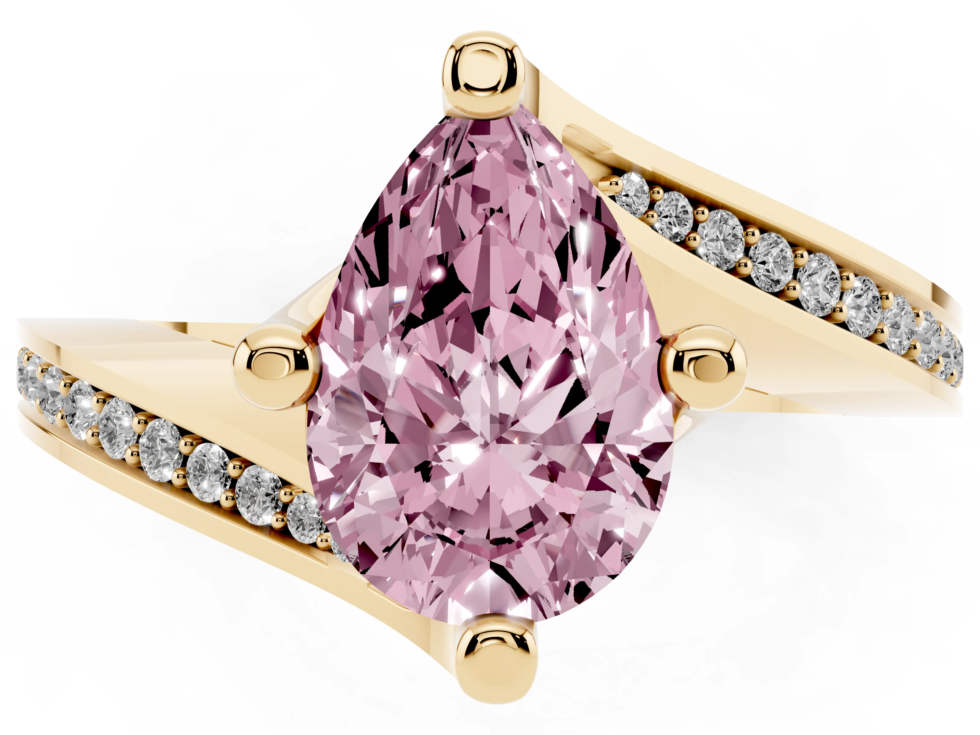 Fancy Pink Pear Cut Diamond Solitaire Ring Set in Yellow gold with Intertwined Pavé Twist Band