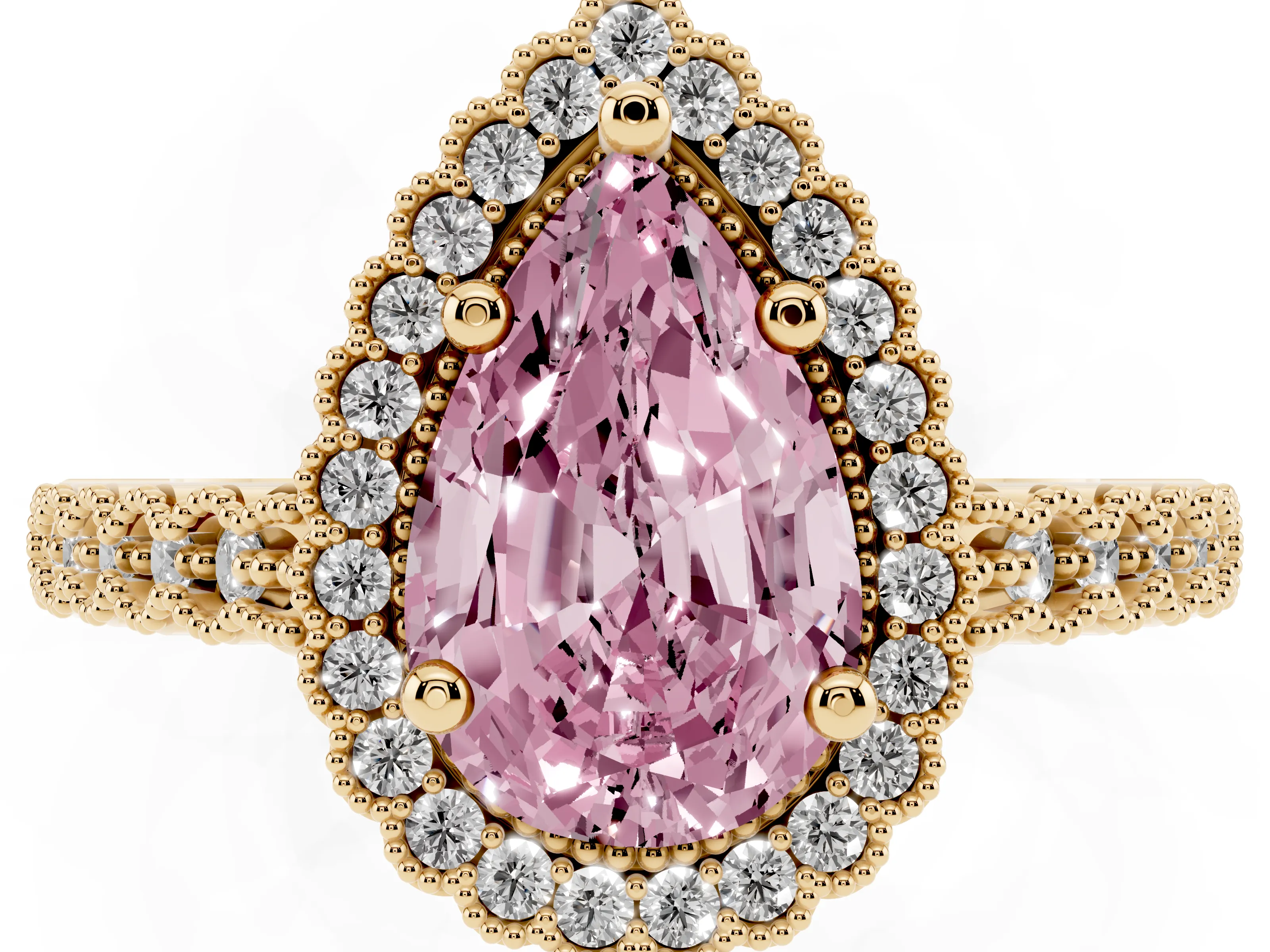 Fancy Pink Pear Cut Diamond Halo Ring Set in Yellow gold with Pavé Milgrain Band