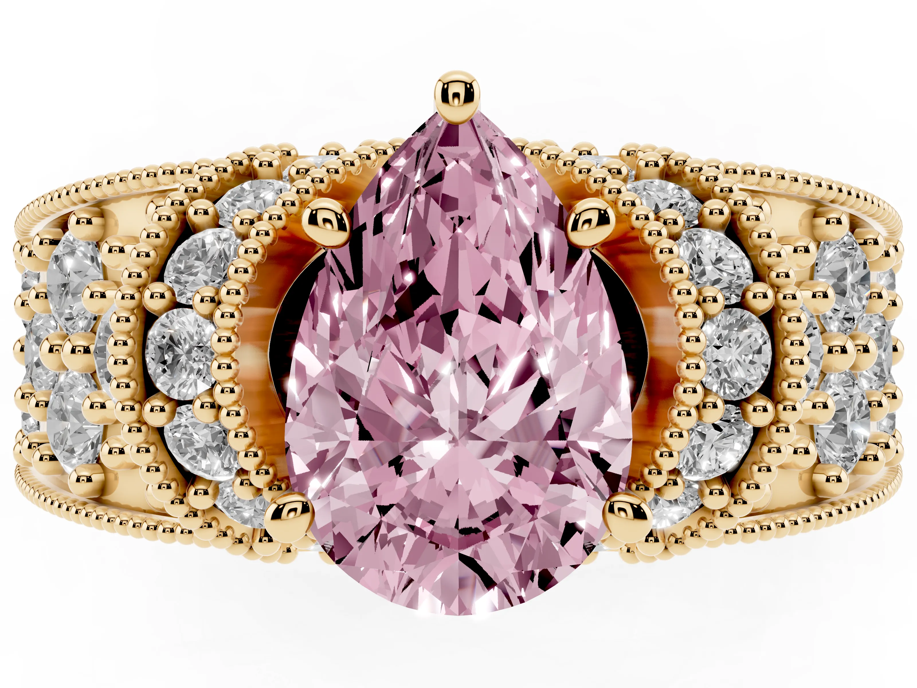 Fancy Pink Pear Cut Diamond Milgrain Halo Pavé Engagement Ring Set in Yellow gold with Prong Setting