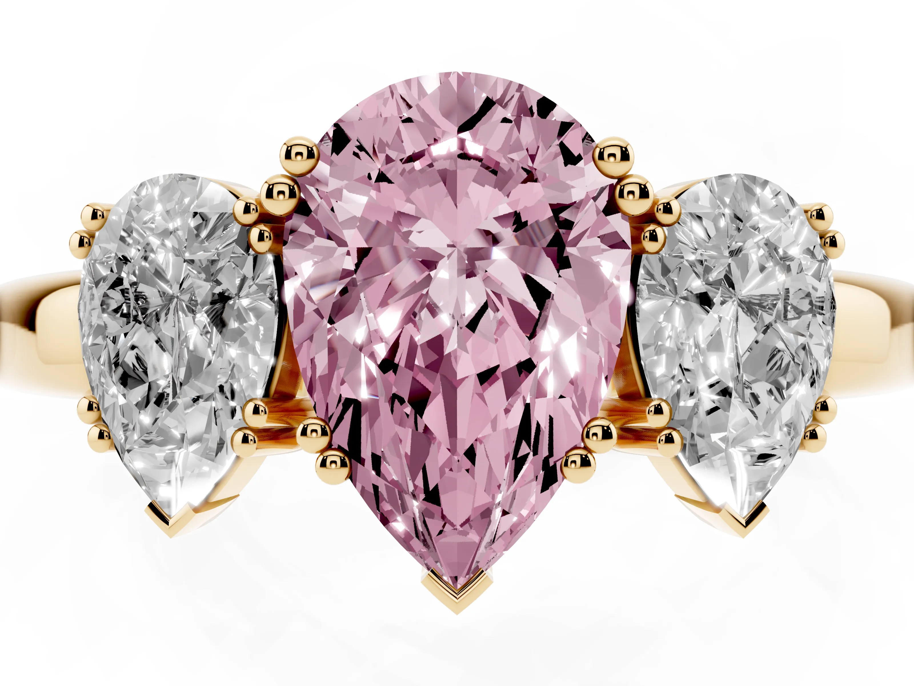 Fancy Pink Pear Cut Diamond Three-Stone Ring Set in Yellow gold with Polished Channel-Set Band