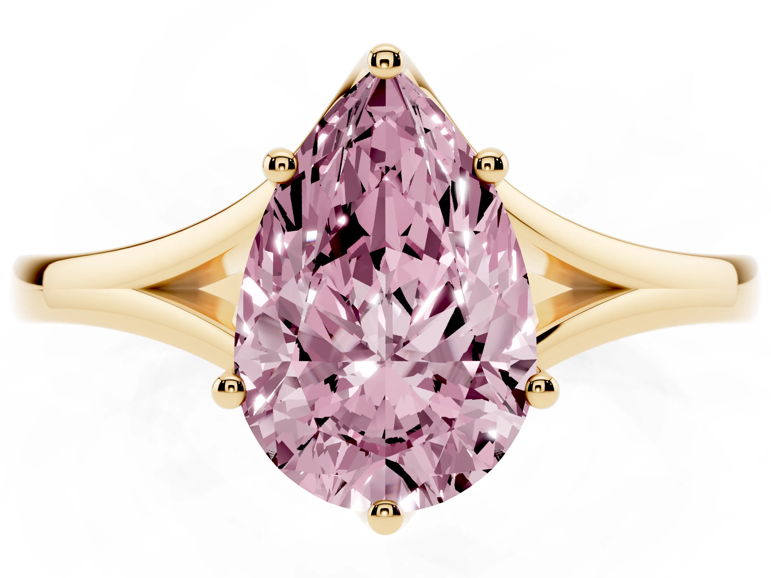 Fancy Pink Pear Cut Diamond Solitaire Ring Set in Yellow gold with Polished Tapered Band and Prong Setting