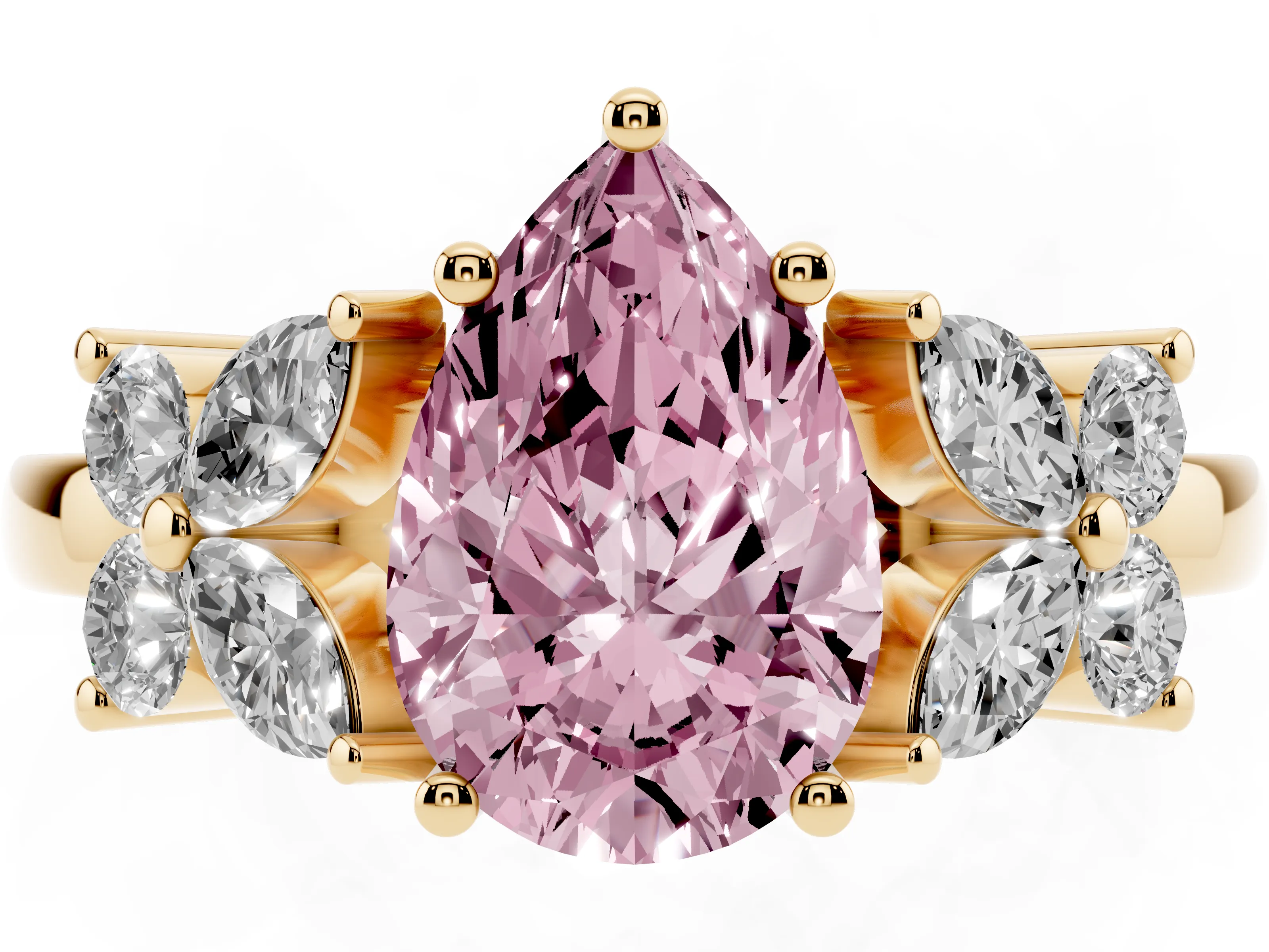 Fancy Pink Pear Cut Diamond Floral Cluster Ring Set in Yellow gold with Marquise Petals and Prong Setting