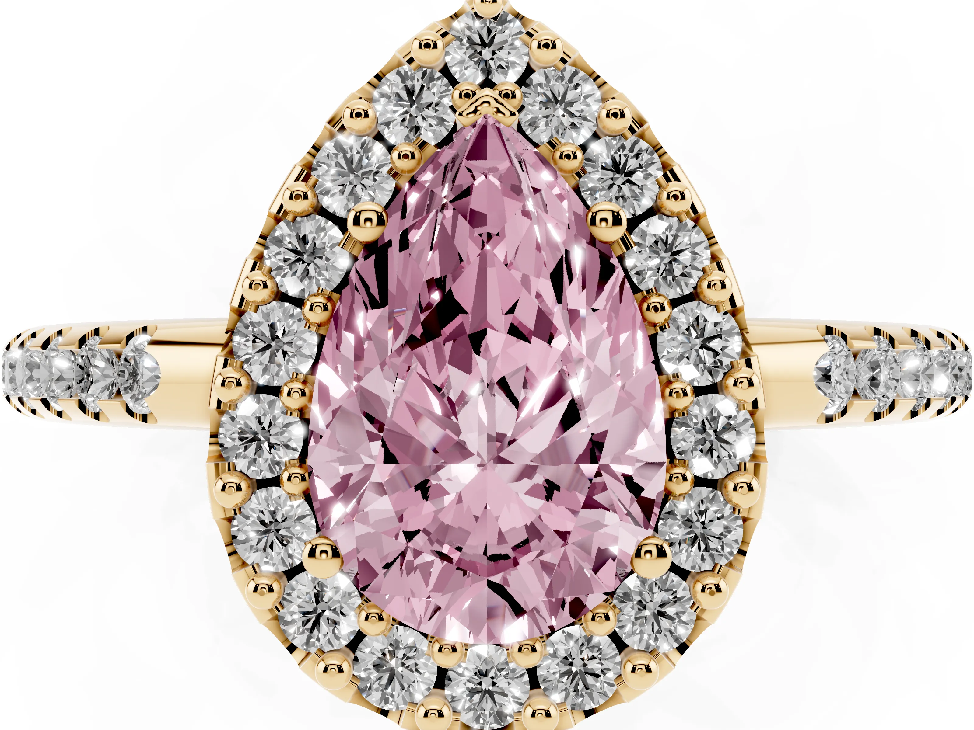 Fancy Pink Pear Cut Diamond Pavé Halo Ring Set in Yellow gold with Prong Setting