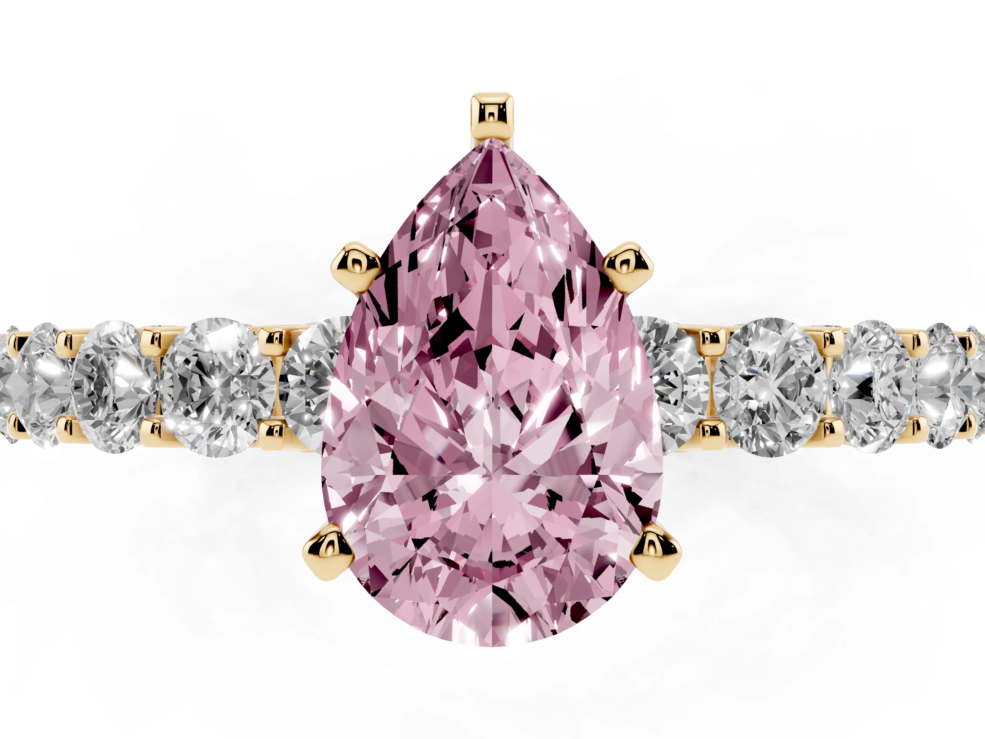 Fancy Pink Pear Cut Diamond Solitaire Ring Set in Yellow gold with Shared Prong Pavé Band