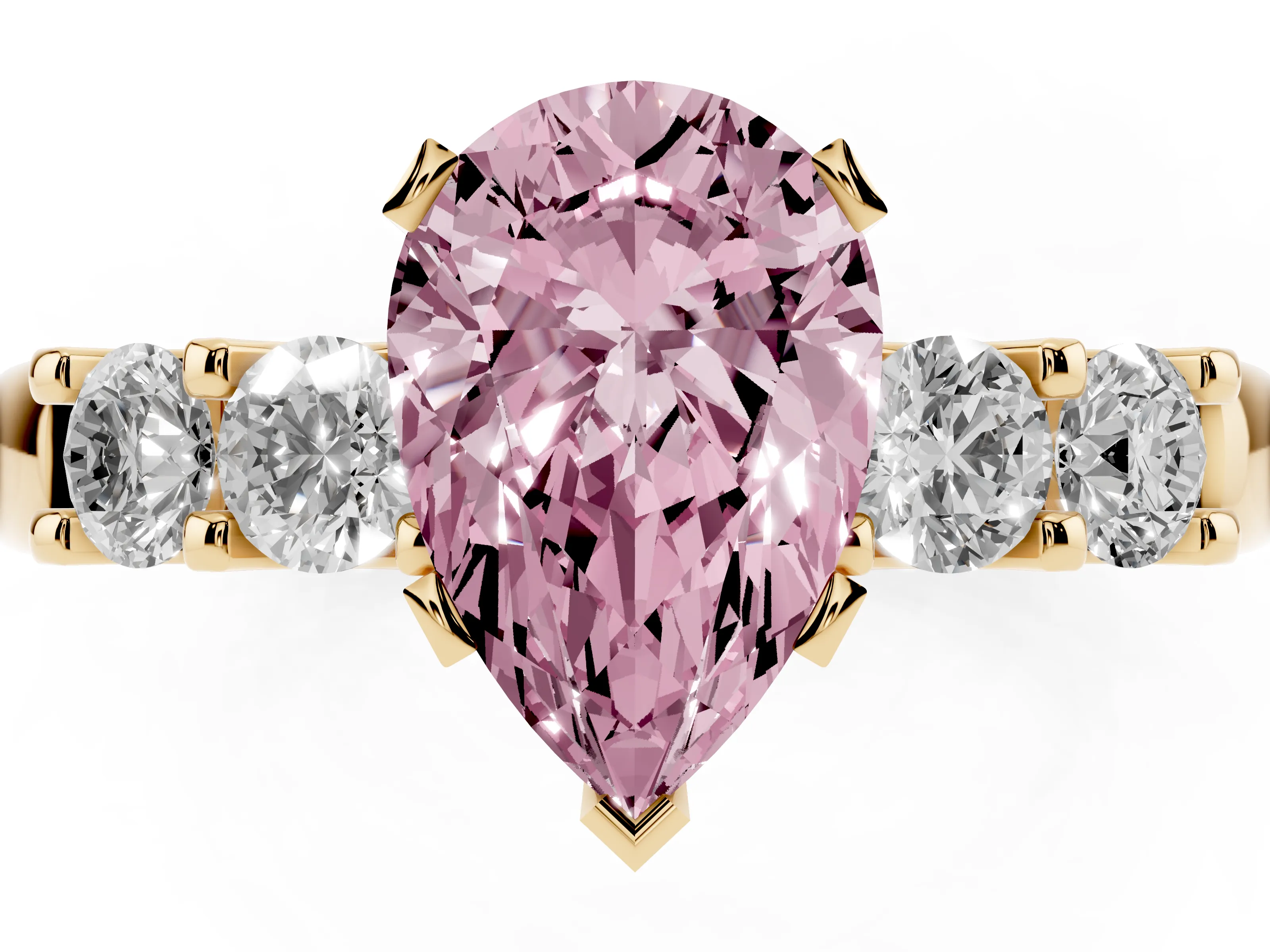 Fancy Pink Pear Cut Diamond Five-Stone Prong Set Engagement Ring Set in Yellow gold with Channel Band