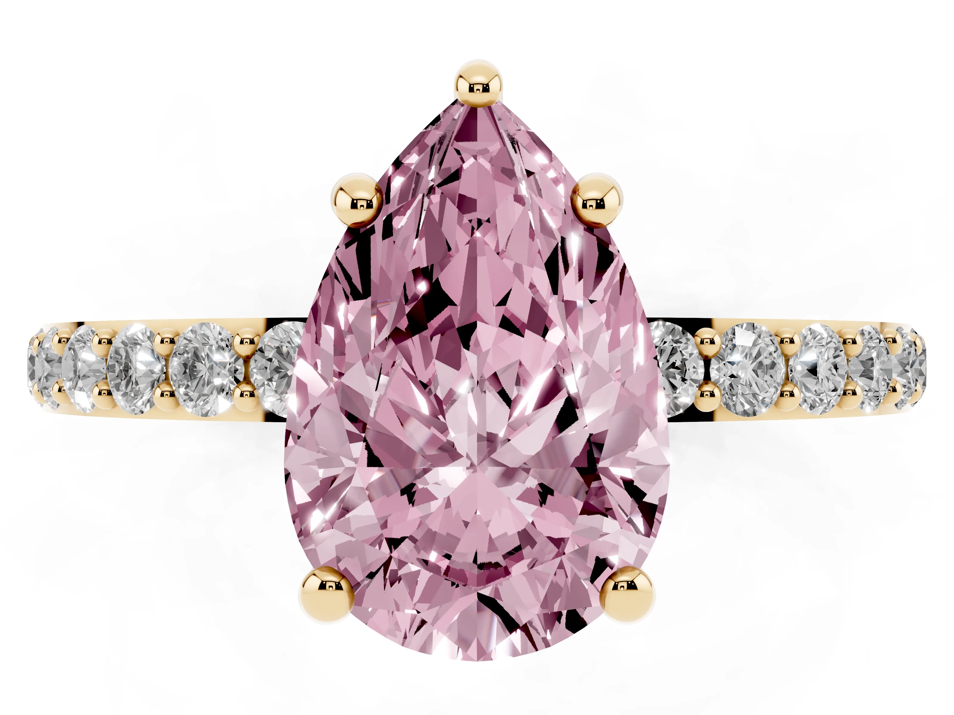 Fancy Pink Pear Cut Diamond Solitaire Ring Set in Yellow gold with Round Pavé Band and Prong Setting