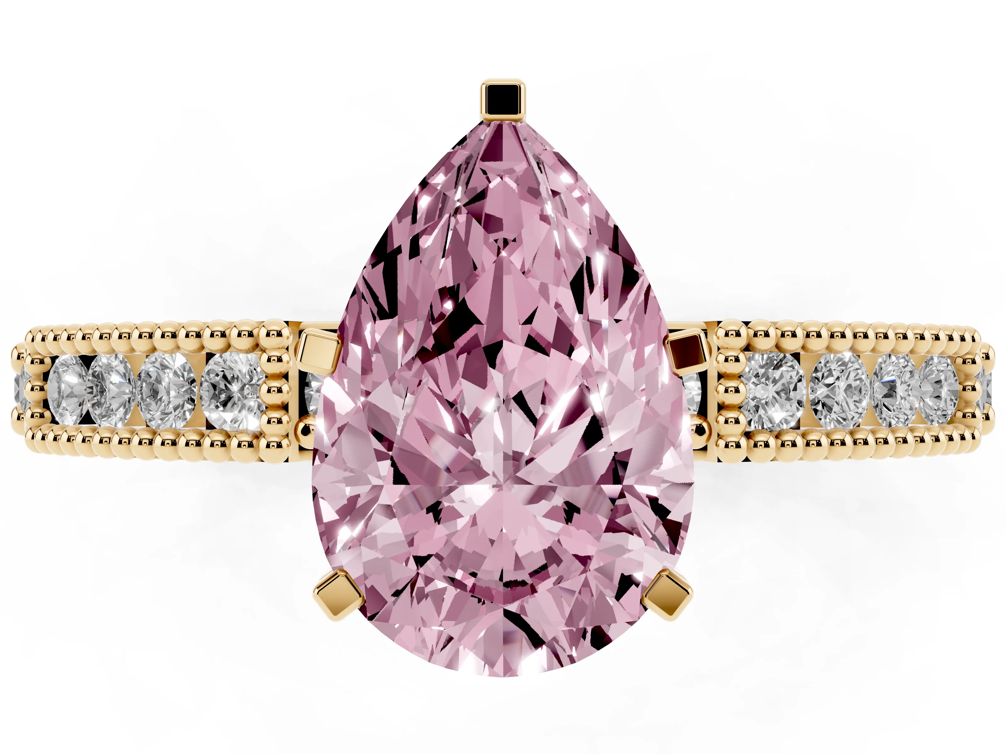 Fancy Pink Pear Cut Diamond Solitaire Ring Set in Yellow gold with Slim Pavé Band and Prong Setting
