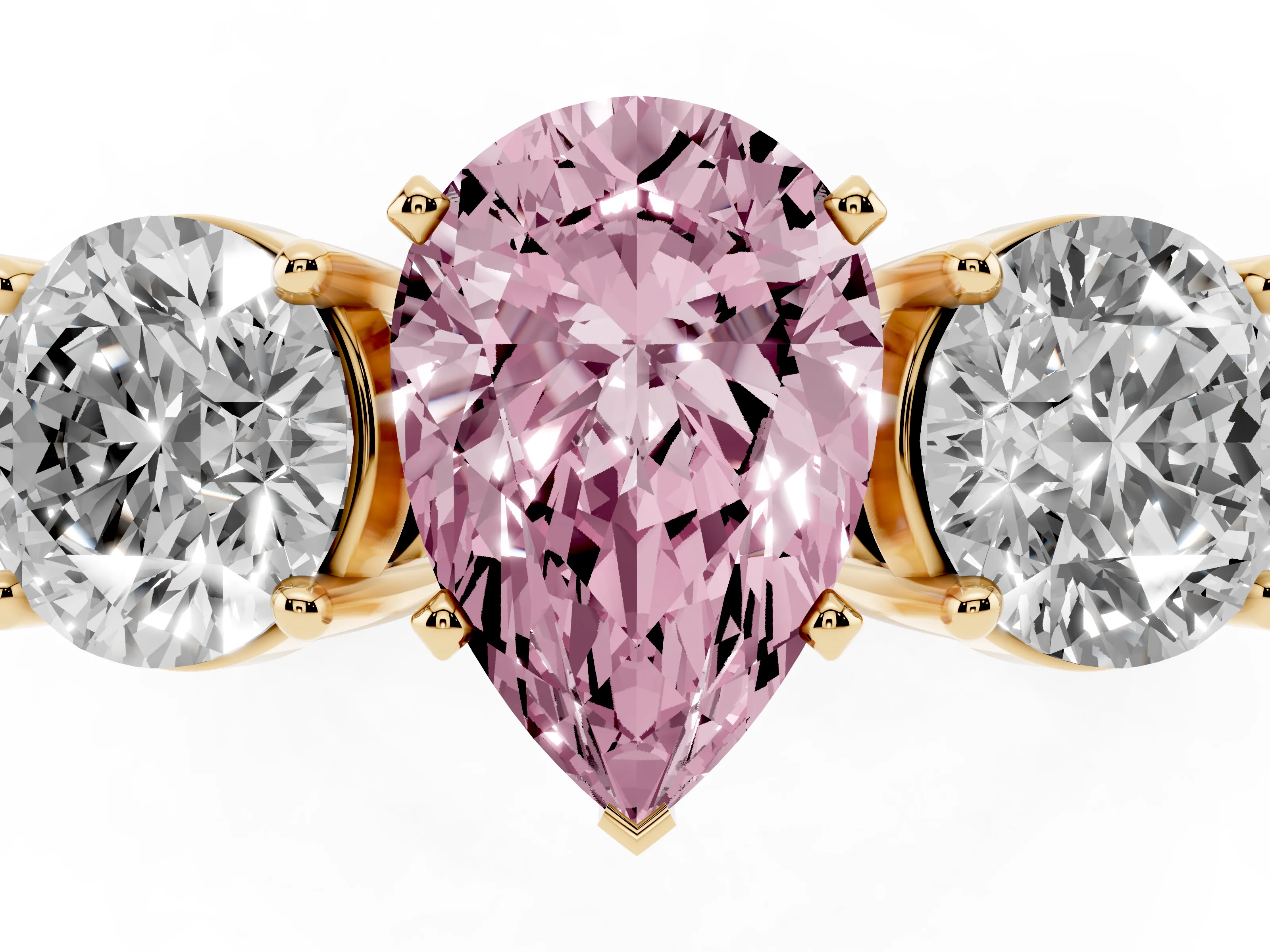 Fancy Pink Pear Cut Diamond Three-Stone Ring Set in Yellow gold with Round Side Stones and Classic Band