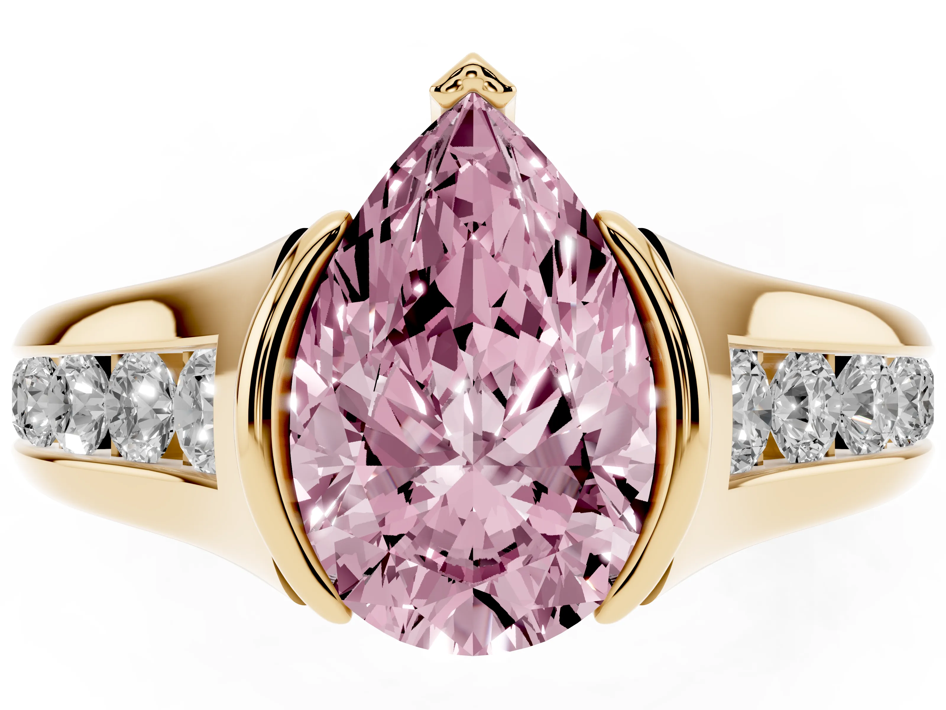 Fancy Pink Pear Cut Diamond Bezel-Set Solitaire Ring Set in Yellow gold with Channel-Set Band