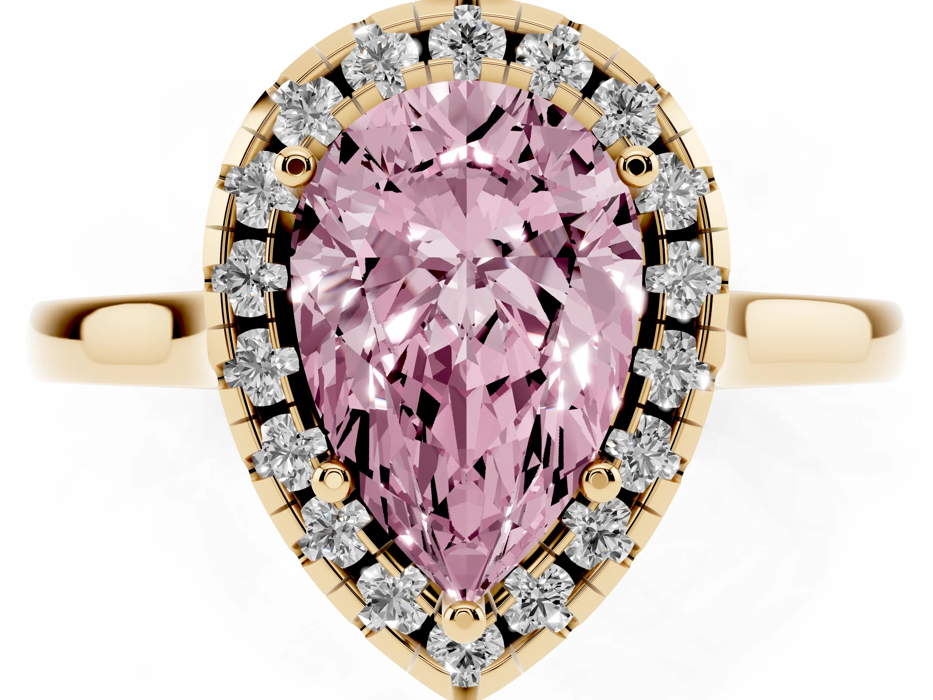 Fancy Pink Pear Cut Halo Round Diamond Solitaire Ring Set in Yellow gold with Pavé Band and Prong Setting