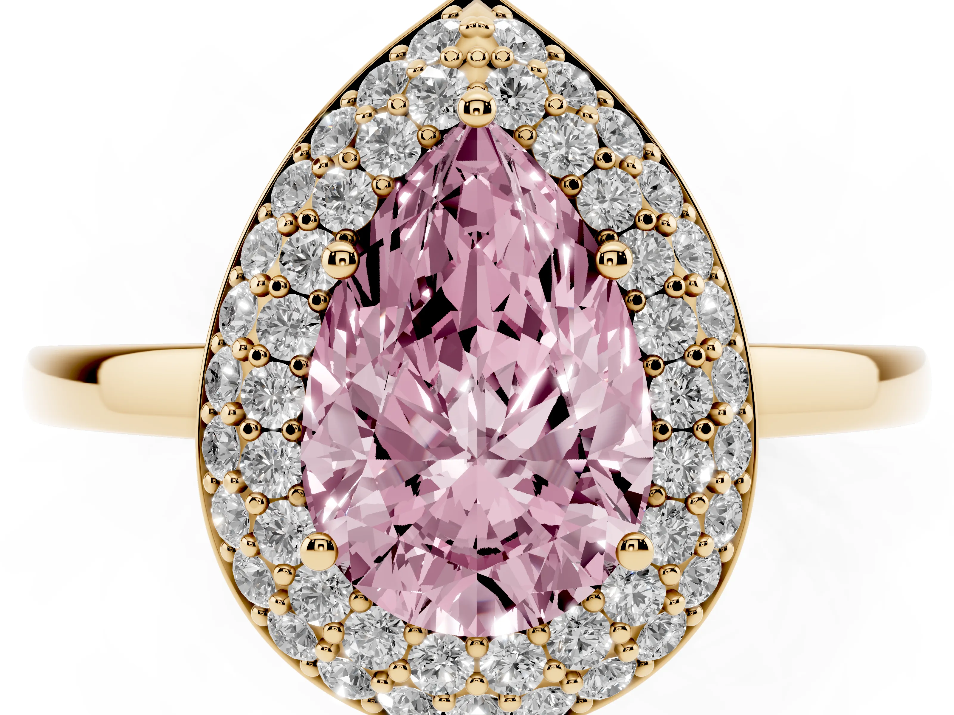 Fancy Pink Pear Cut Diamond Halo Engagement Ring Set in Yellow gold with Solitaire Band and Prong Setting