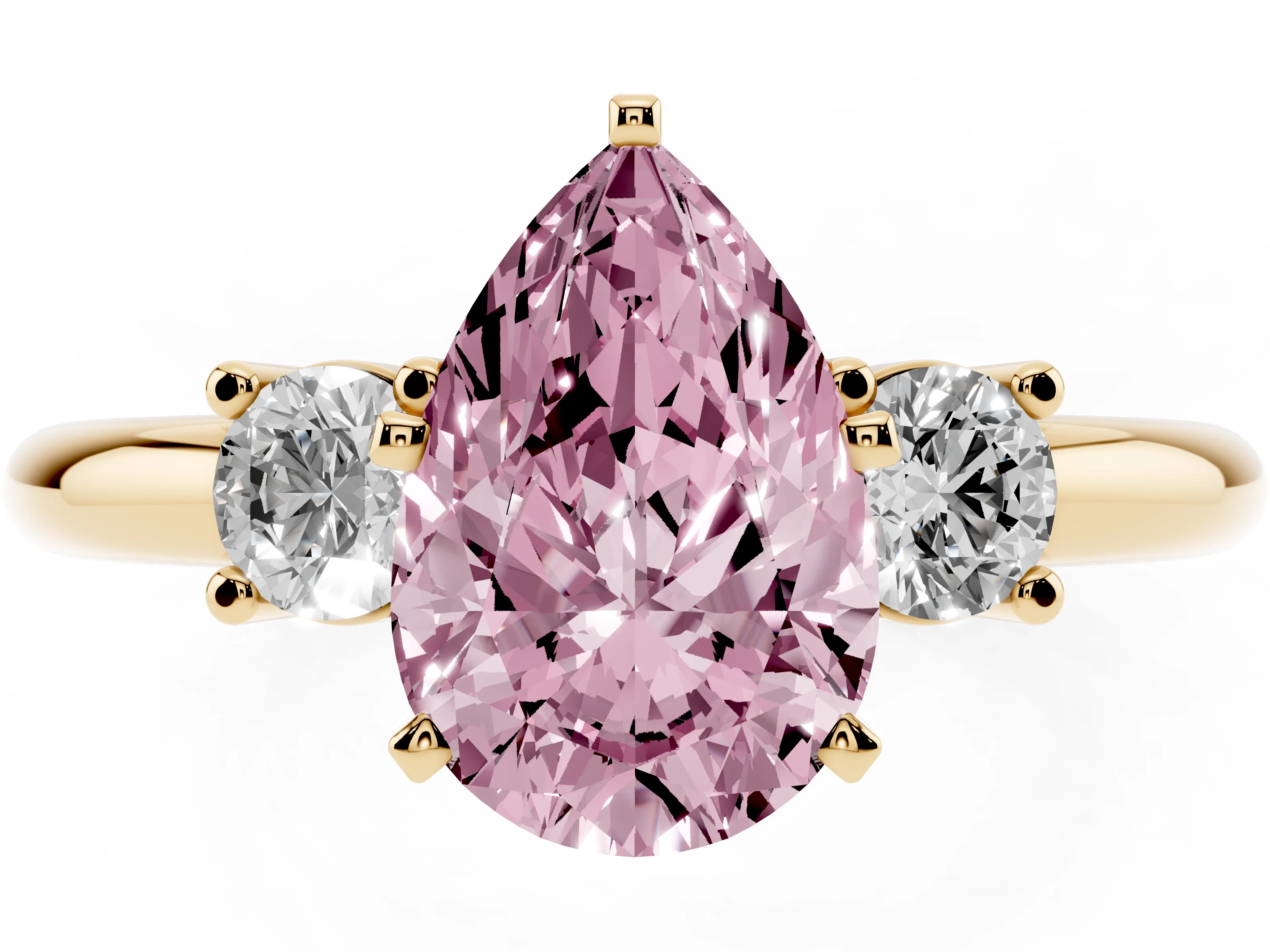 Fancy Pink Three-Stone Pear Cut Diamond Ring Set in Yellow gold with Prong Setting and Plain Band