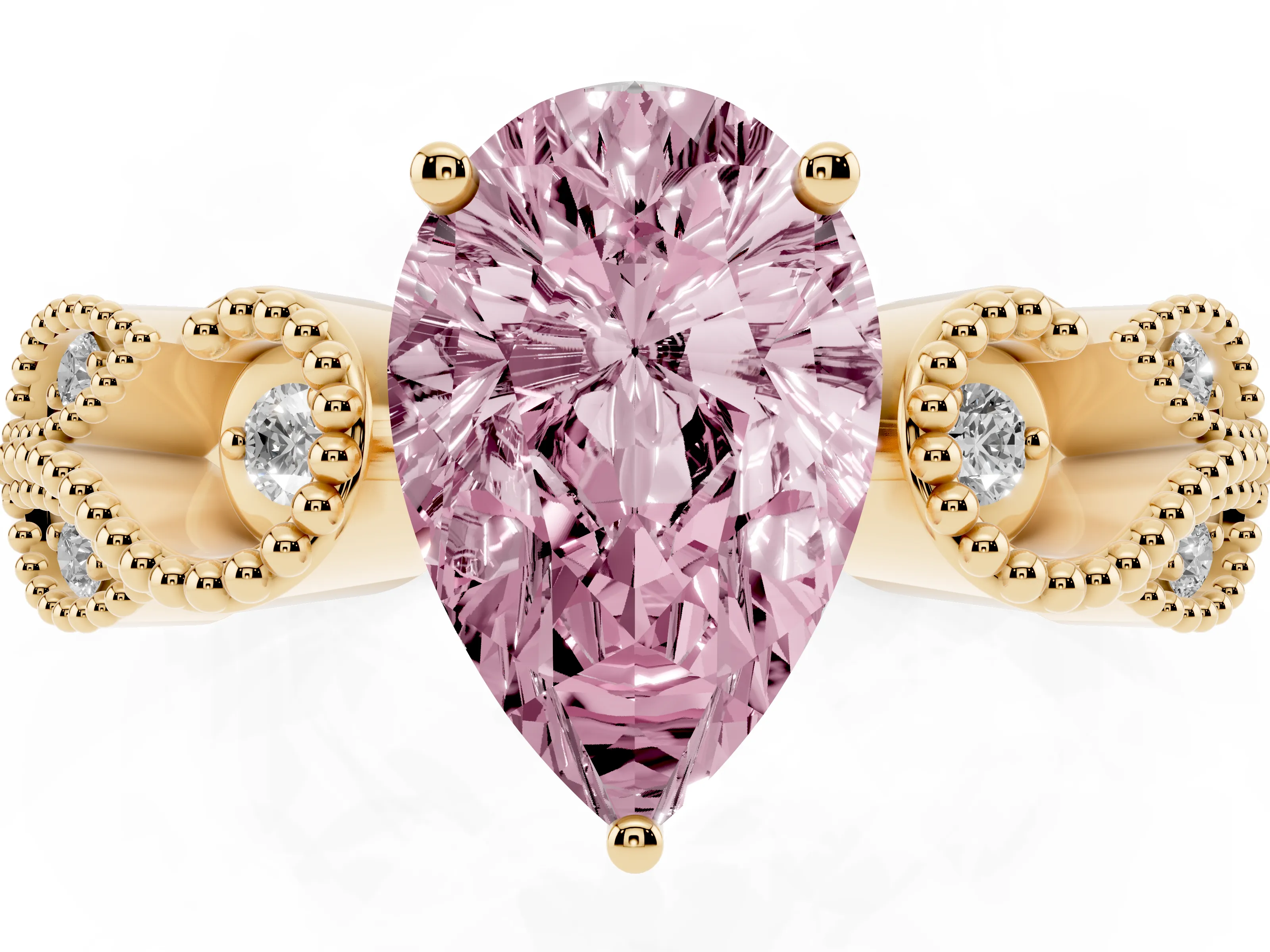 Fancy Pink Pear Cut Diamond Milgrain Leaf Band Solitaire Ring Set in Yellow gold with Accent Stones and Prong Setting