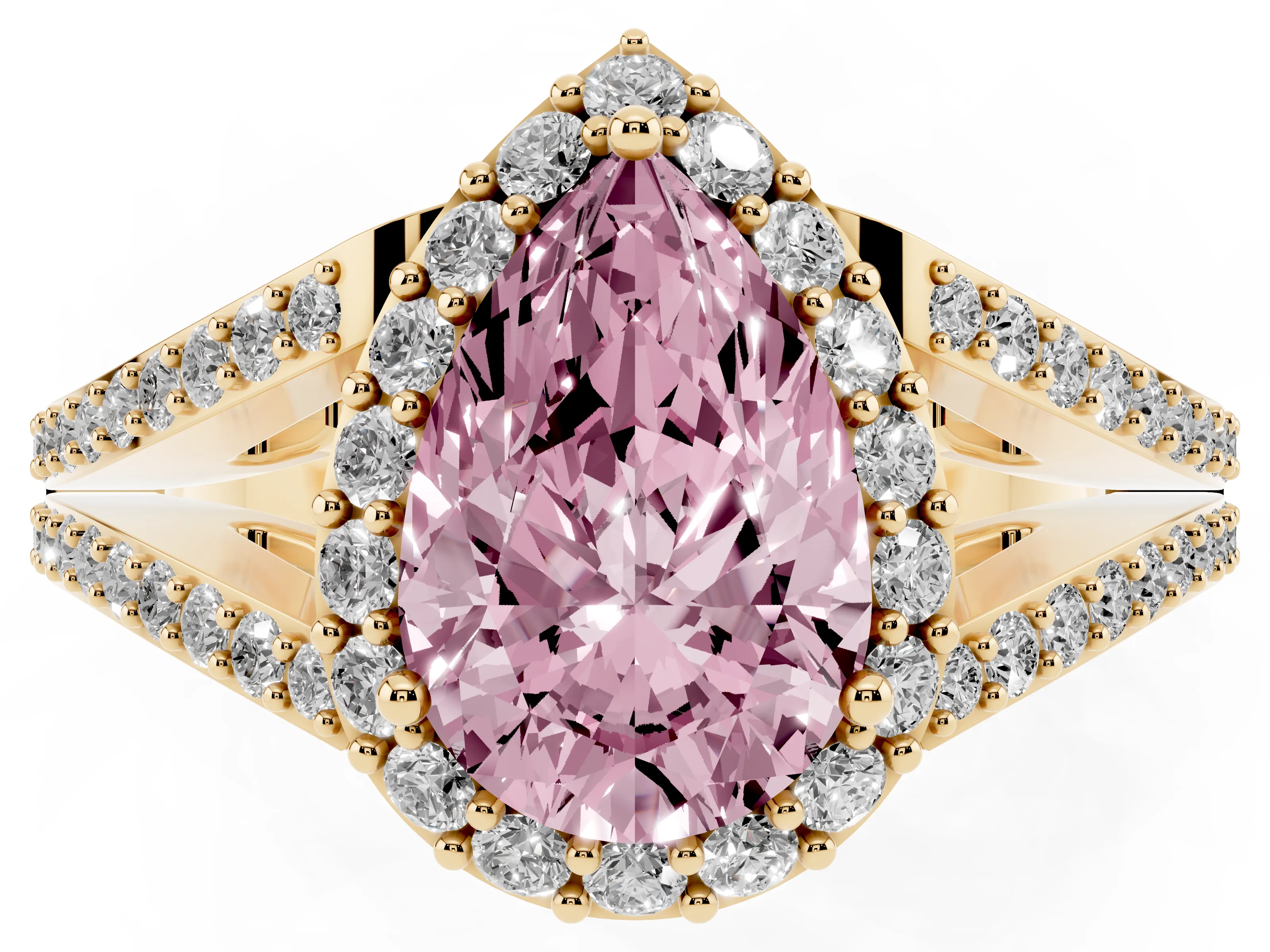 Fancy Pink Pear Cut Diamond Halo Split Shank Pavé Ring Set in Yellow gold with Prong Setting