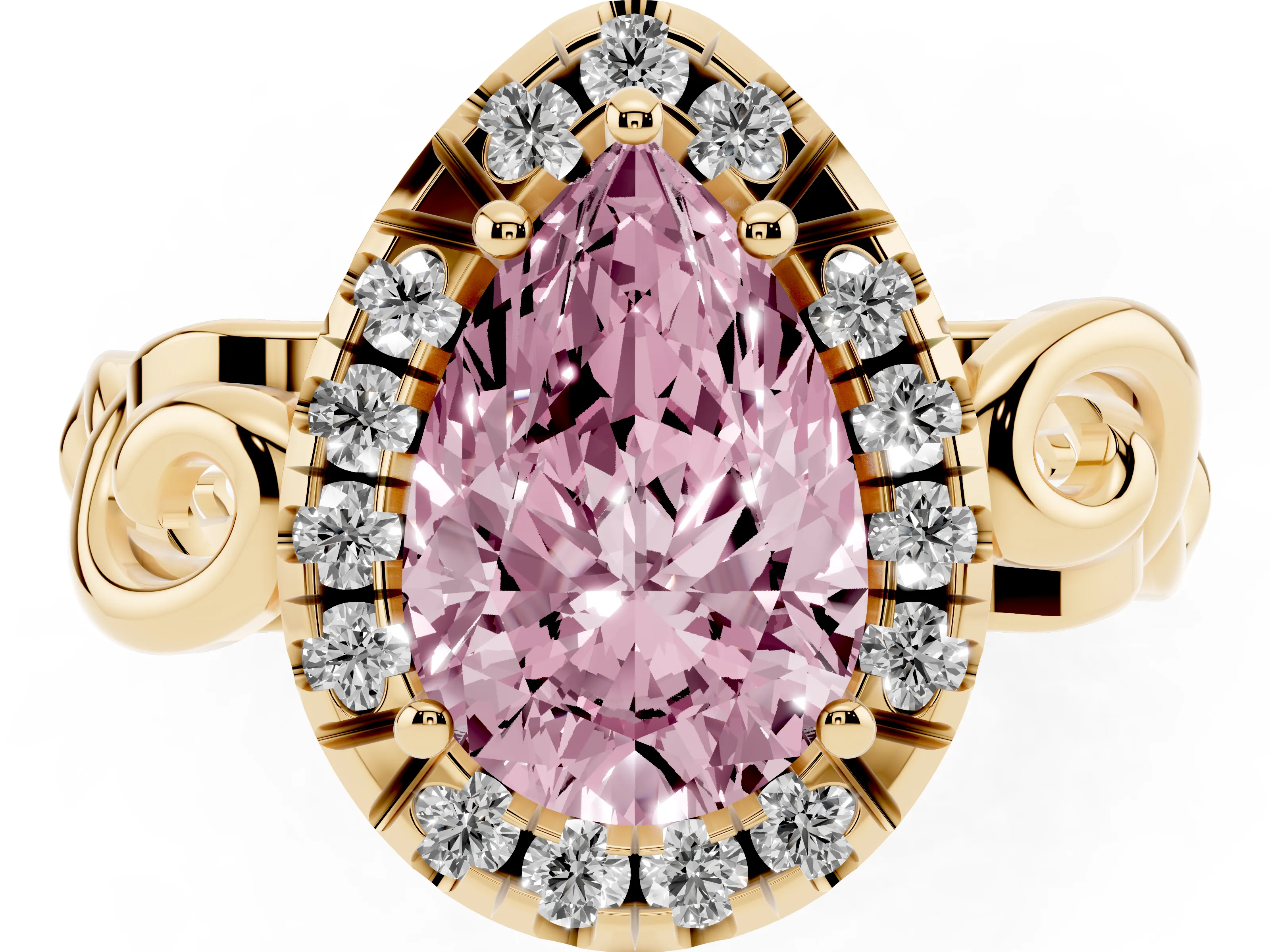 Fancy Pink Pear Cut Diamond Halo Ring Set in Yellow gold with Scrollwork Band and Prong Setting