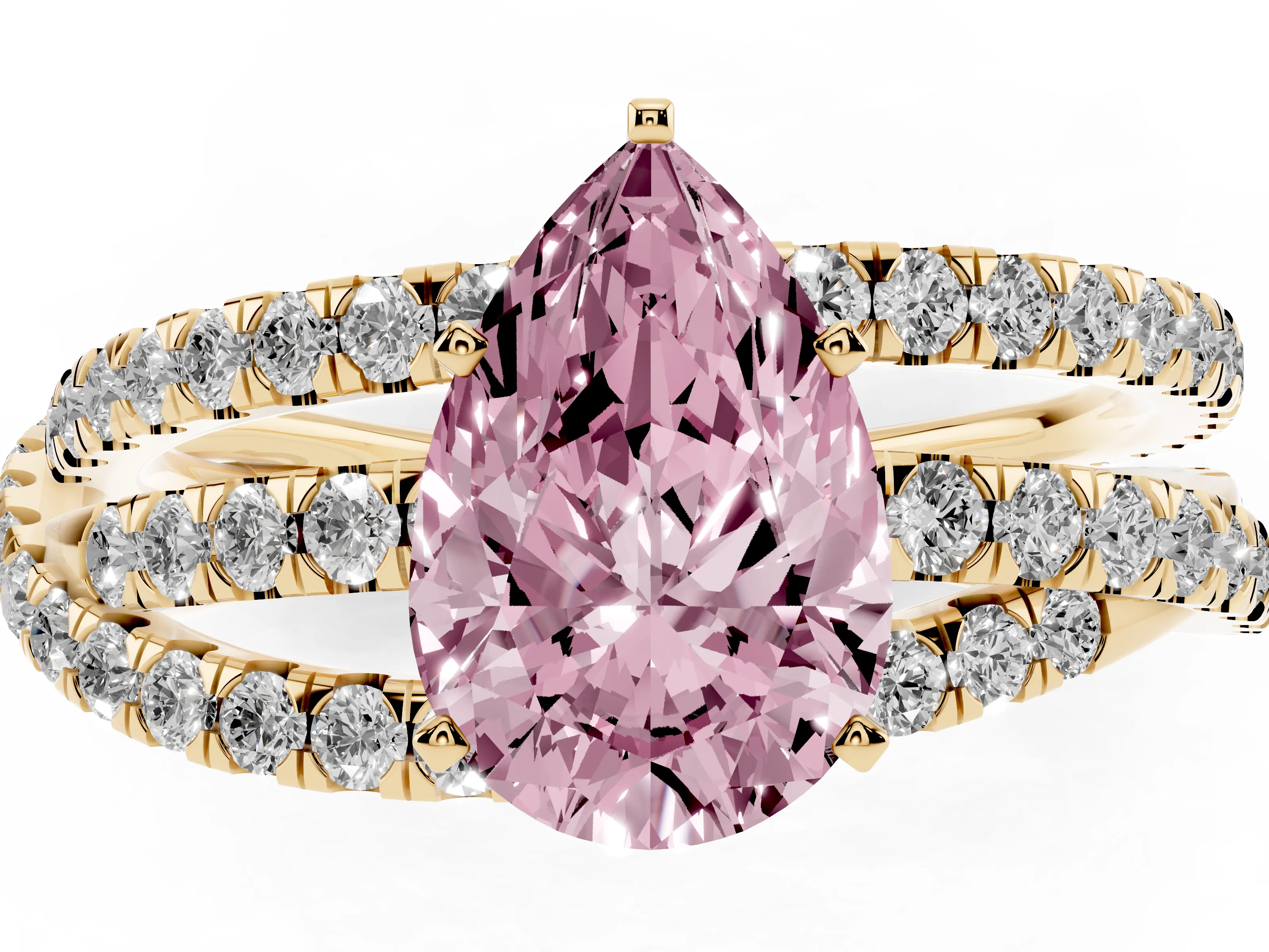 Fancy Pink Pear Cut Diamond Solitaire Twist Band Ring Set in Yellow gold with Pavé Setting and Prong Head