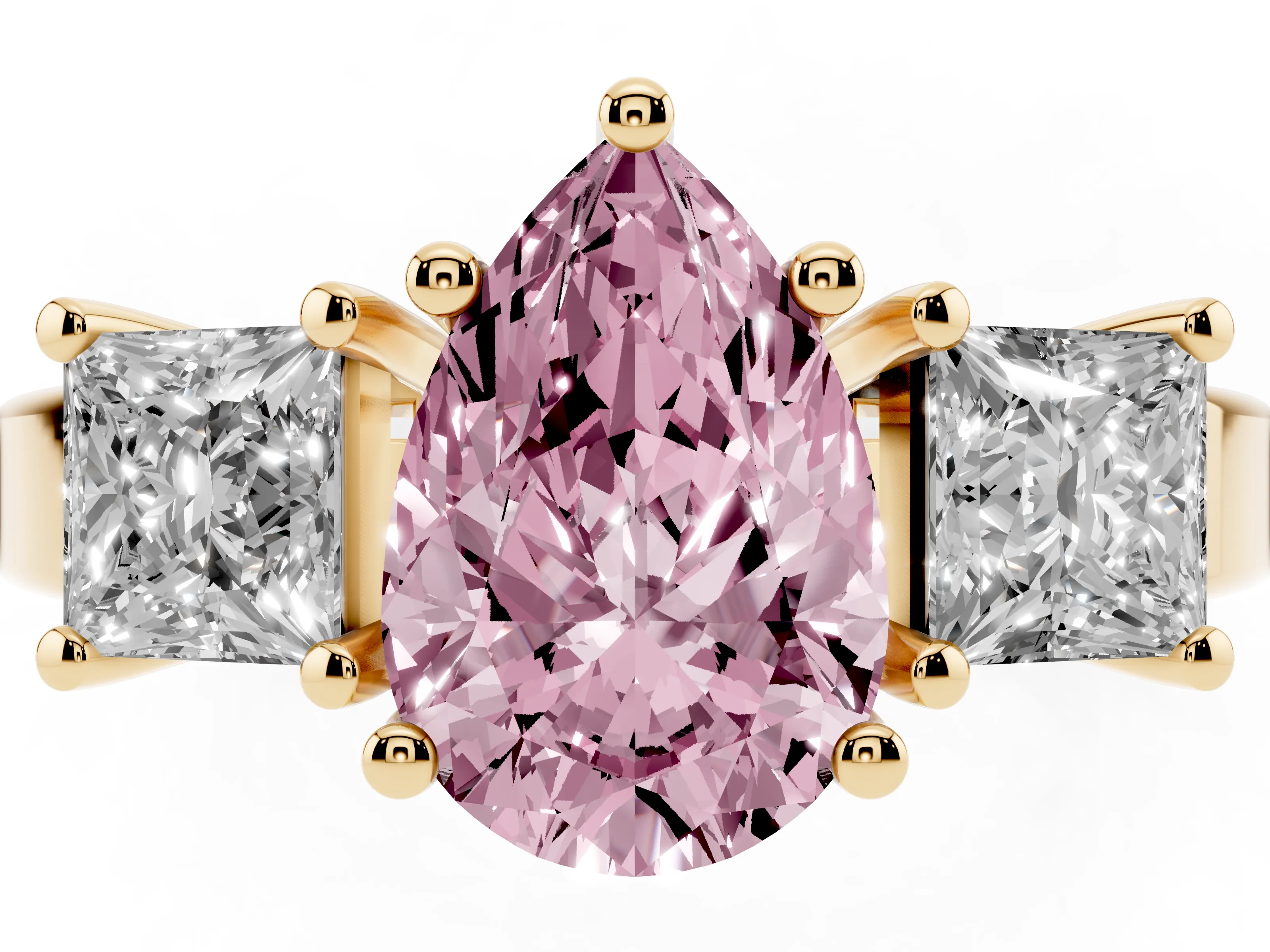 Fancy Pink Three-Stone Pear Cut Diamond Solitaire Ring Set in Yellow gold with Prong Setting