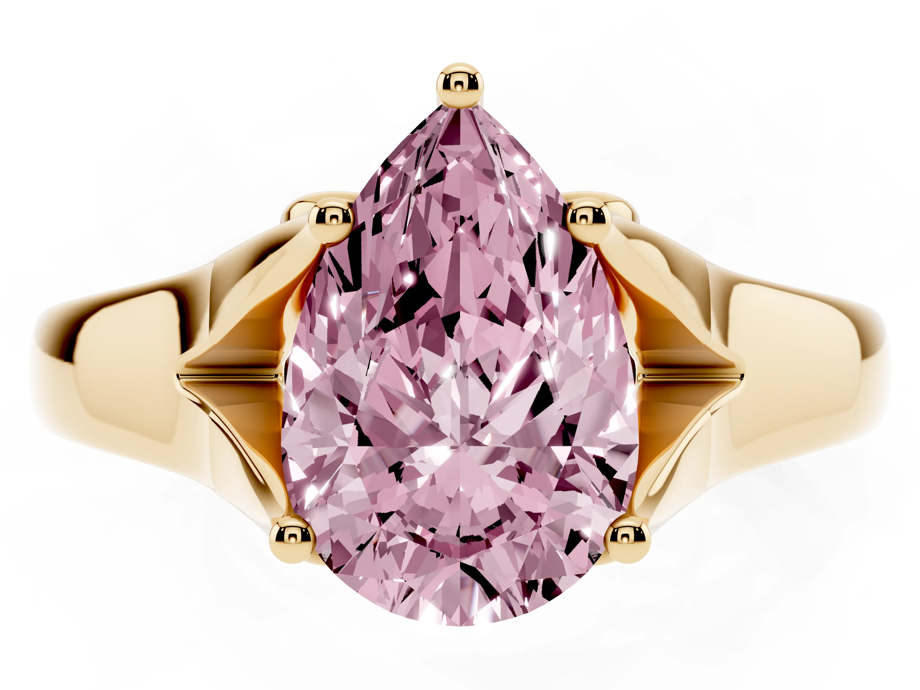 Fancy Pink Pear Cut Diamond Solitaire Ring Set in Yellow gold with Arched Cathedral Band and Prong Setting